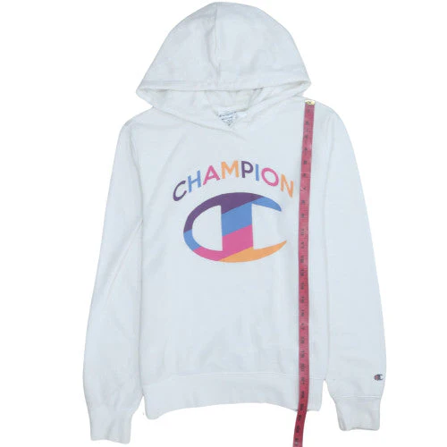 Champion Women White Hoodie Medium Pullover Cotton Blend Logo Print - Image 3