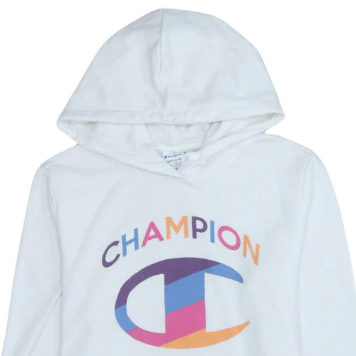 Champion Women White Hoodie Medium Pullover Cotton Blend Logo Print - Image 8