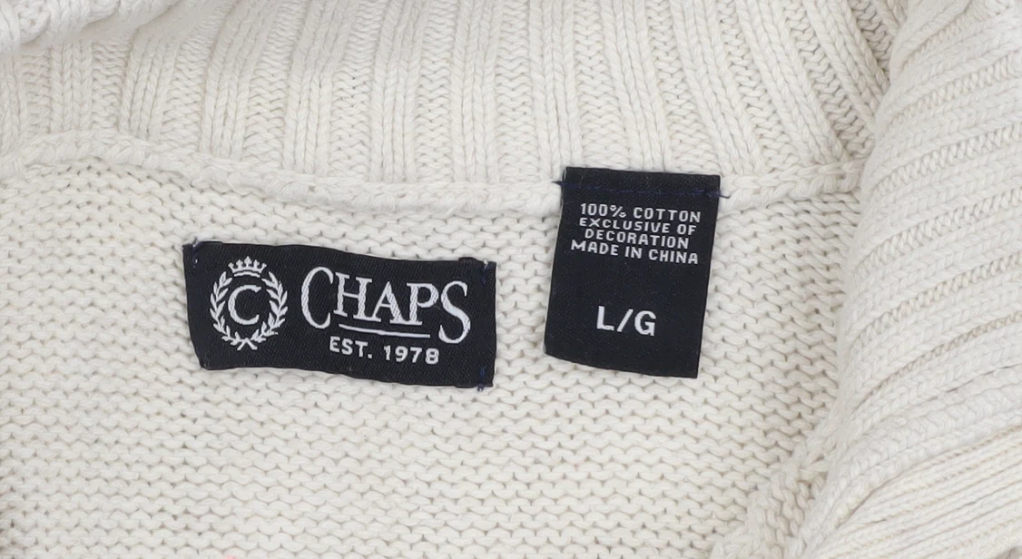Chaps Men Ivory Cotton Henley Jumper L High Neck Button Knit Top - Image 4