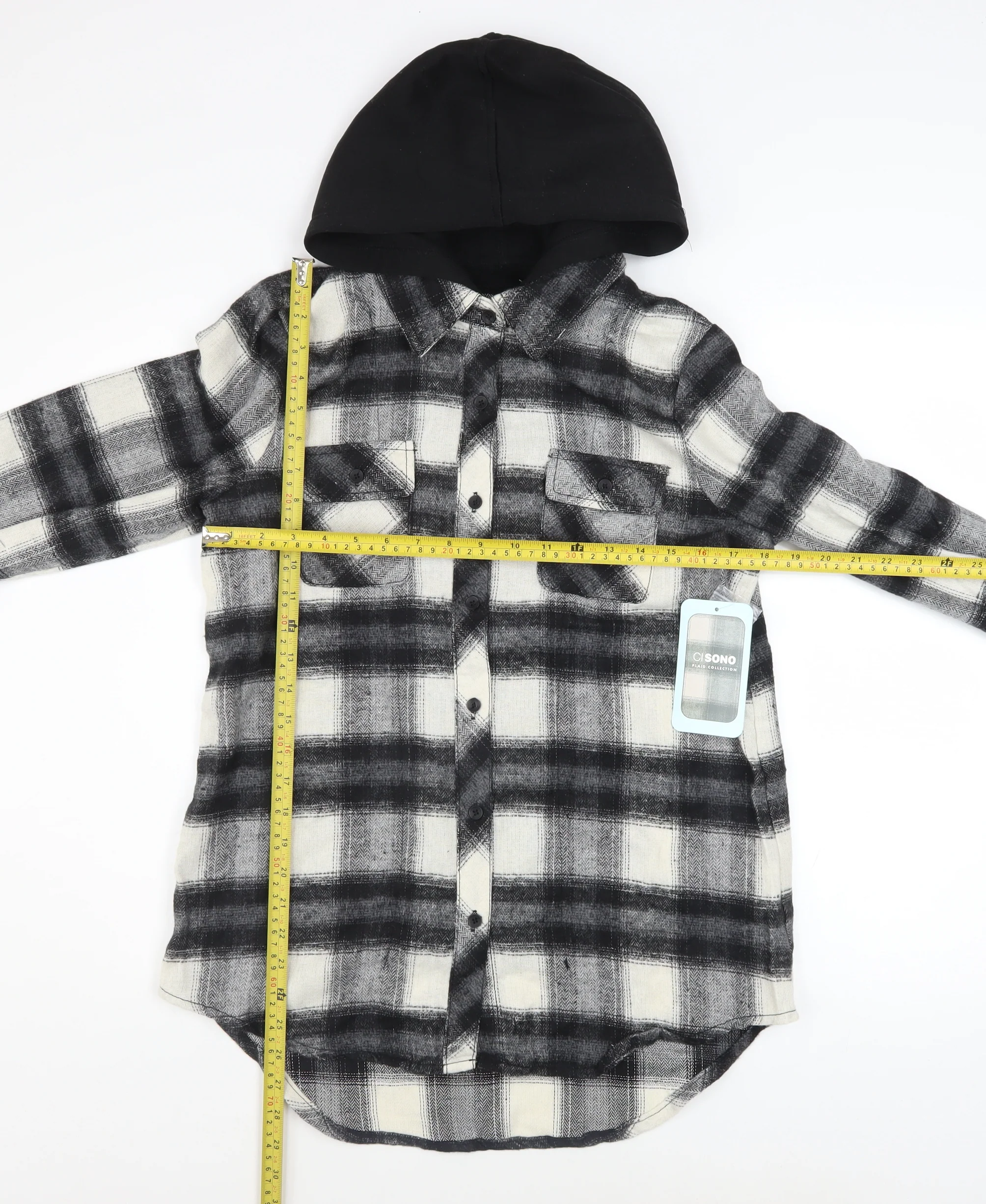 CISONO Women’s Black Check Hooded Shirt Jacket Size M Cotton Blend - Image 2
