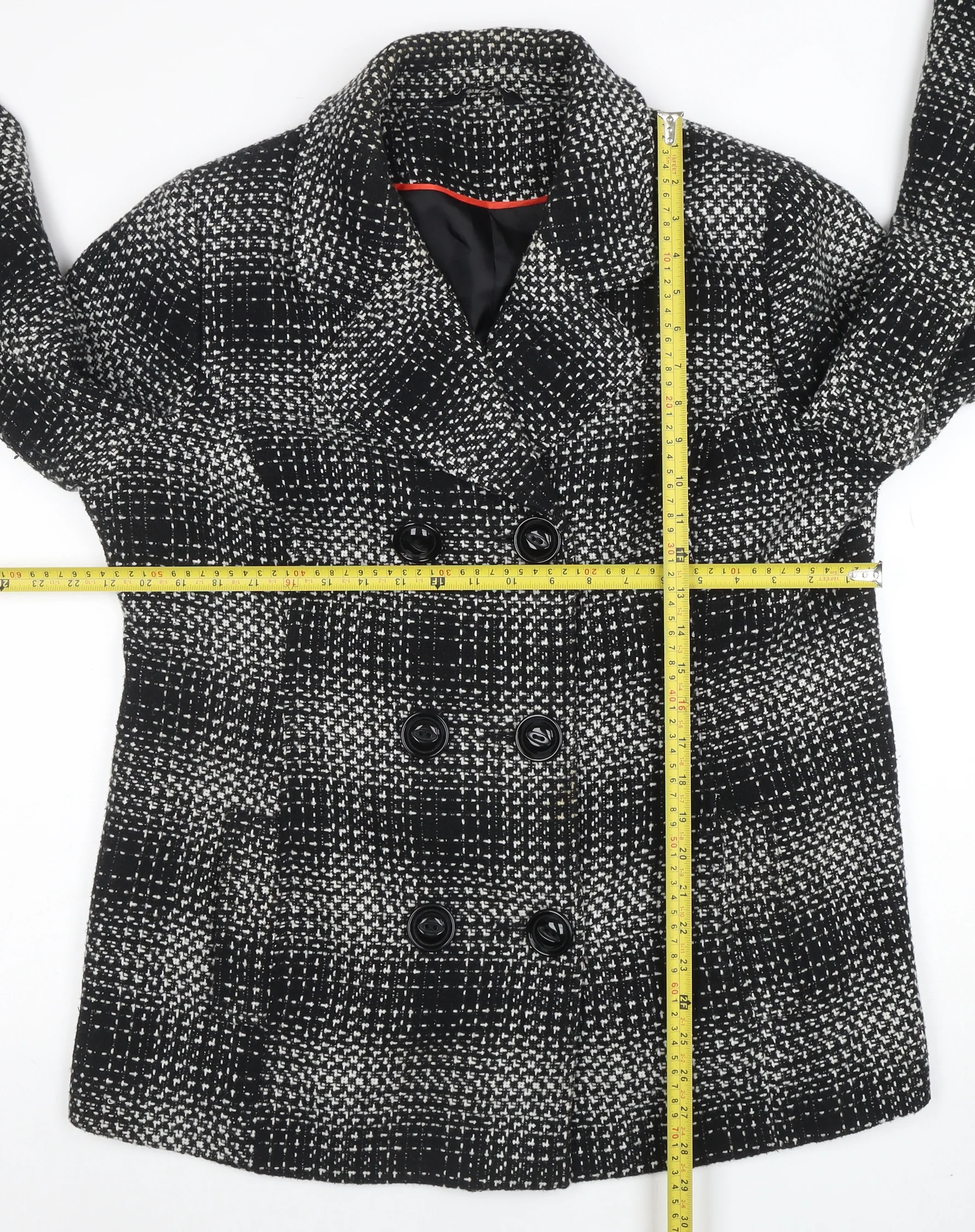 Classic Womens Black Check Tweed Pea Coat Size 16 Lined Mid-Length Jacket - Image 2