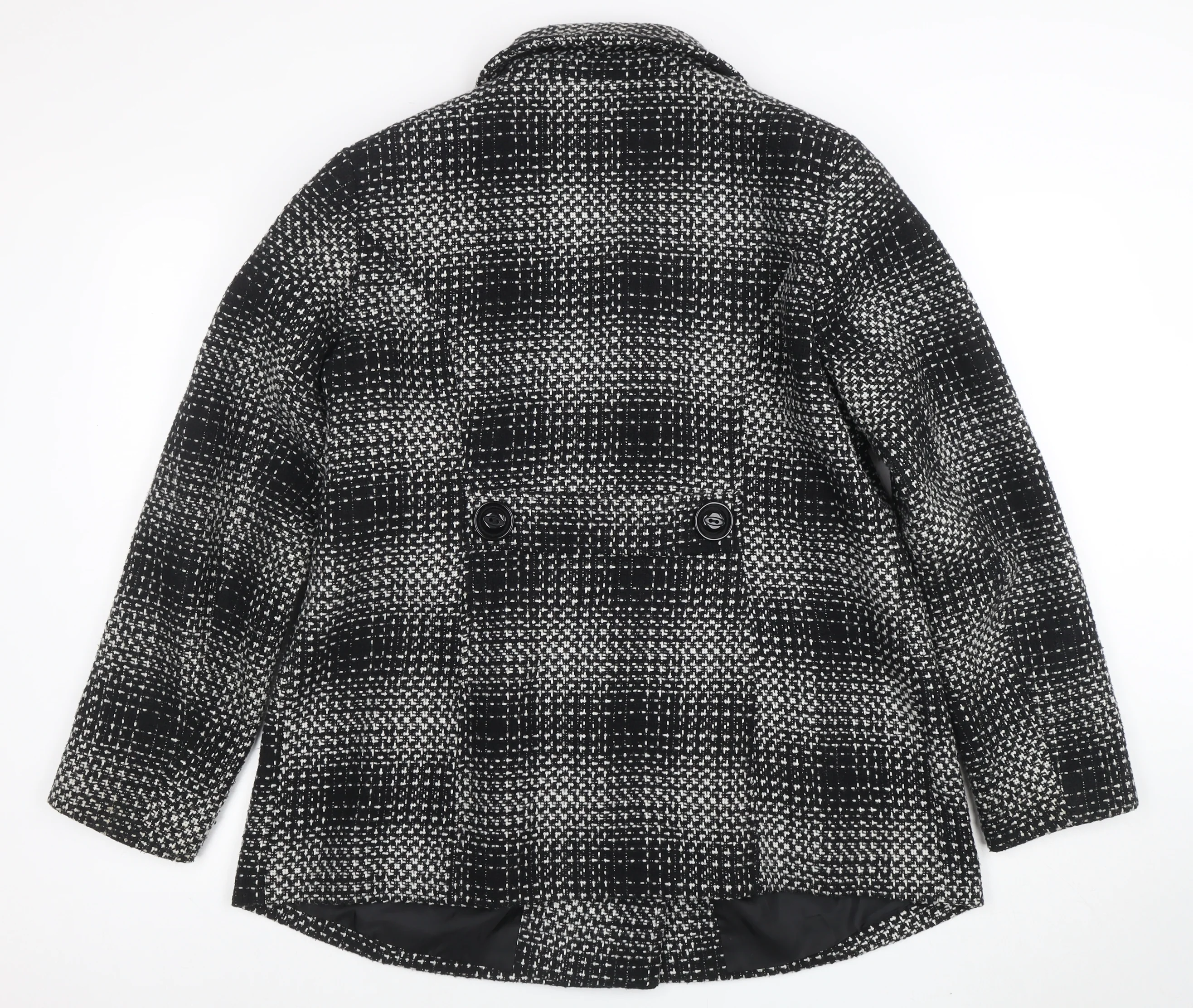 Classic Womens Black Check Tweed Pea Coat Size 16 Lined Mid-Length Jacket - Image 3