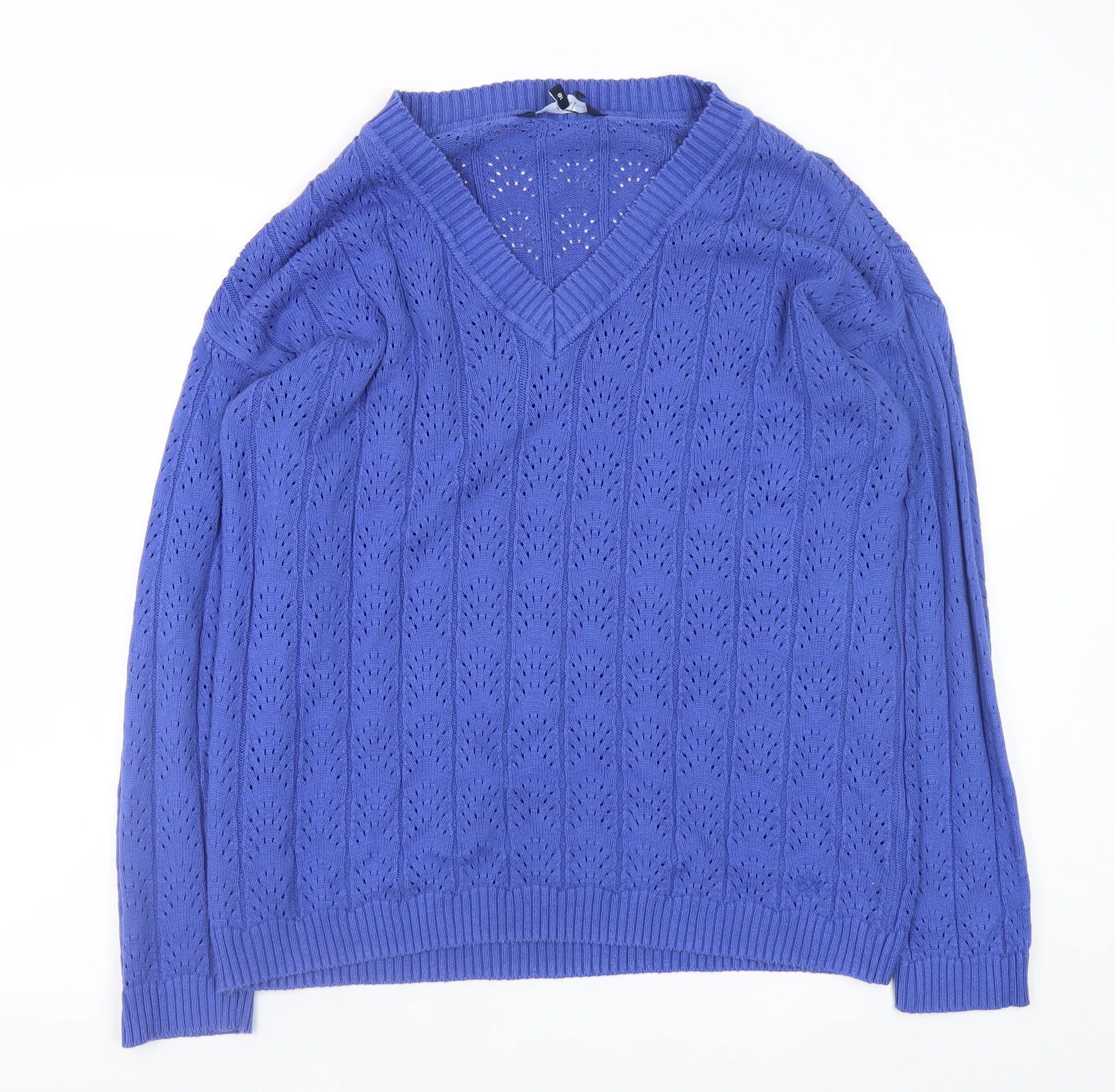 Clothing Company Women's Blue V-Neck Open-Knit Jumper Size M