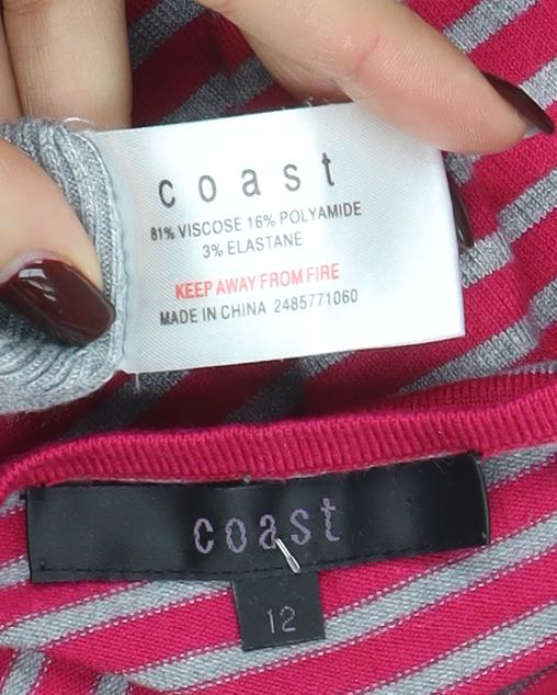 Coast Womens Pink Grey Striped Boat Neck 3/4 Sleeve Jumper Size 12 - Image 4