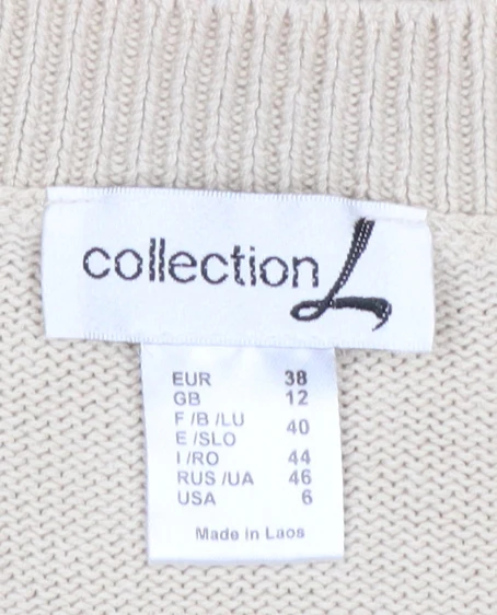 Collection L Women Beige Cable-Knit V-Neck Cotton Jumper Size 12 - Image 4