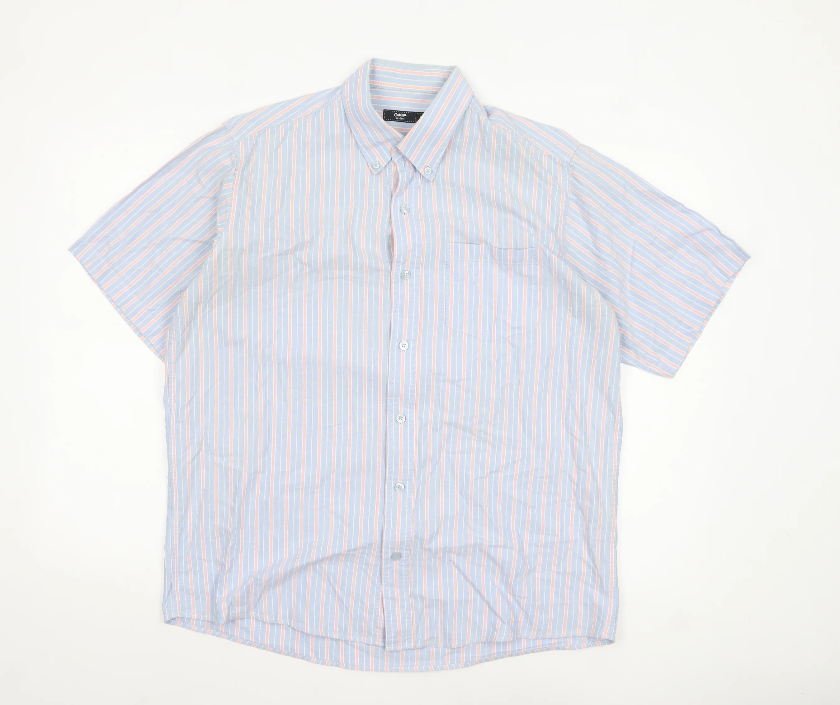 Cotton Traders Men's Blue Striped Short Sleeve Button-Up Shirt M