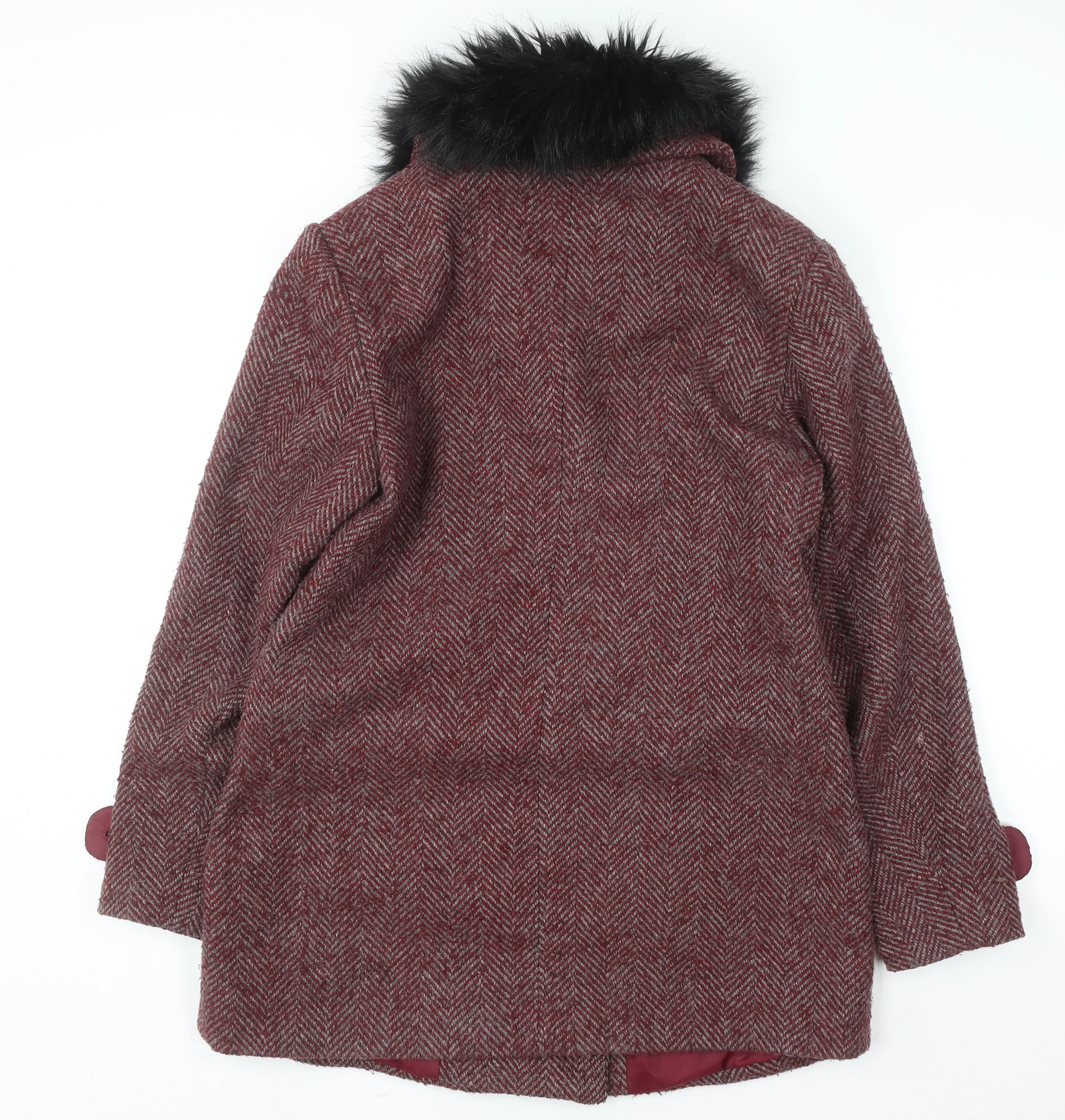 Cotton Traders Women Red Wool Mix Faux Fur Collar Pea Coat Size 12 - Image 3