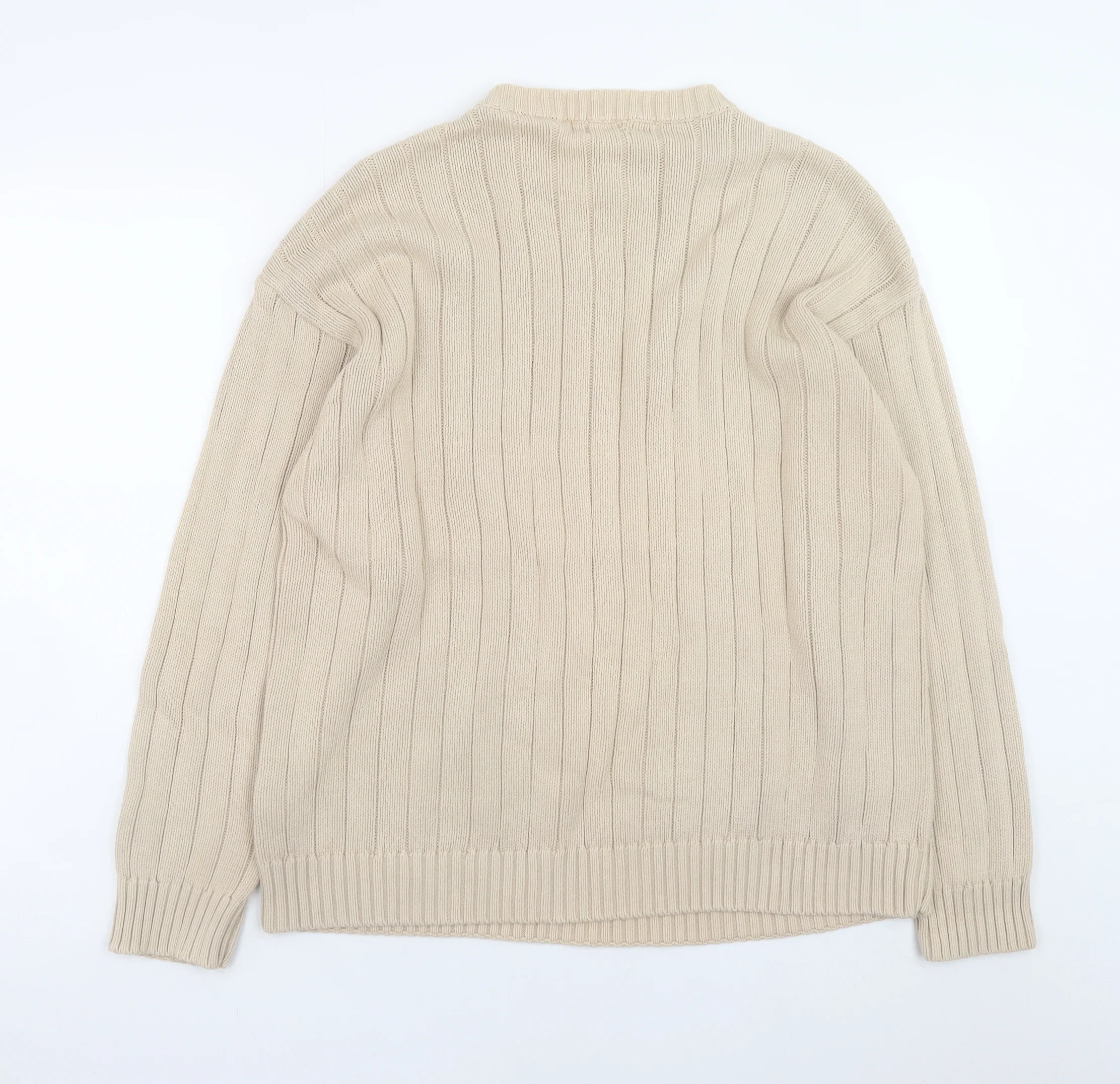 Cottonloom Men Beige Rib Knit Cotton Pullover Jumper L - Image 3
