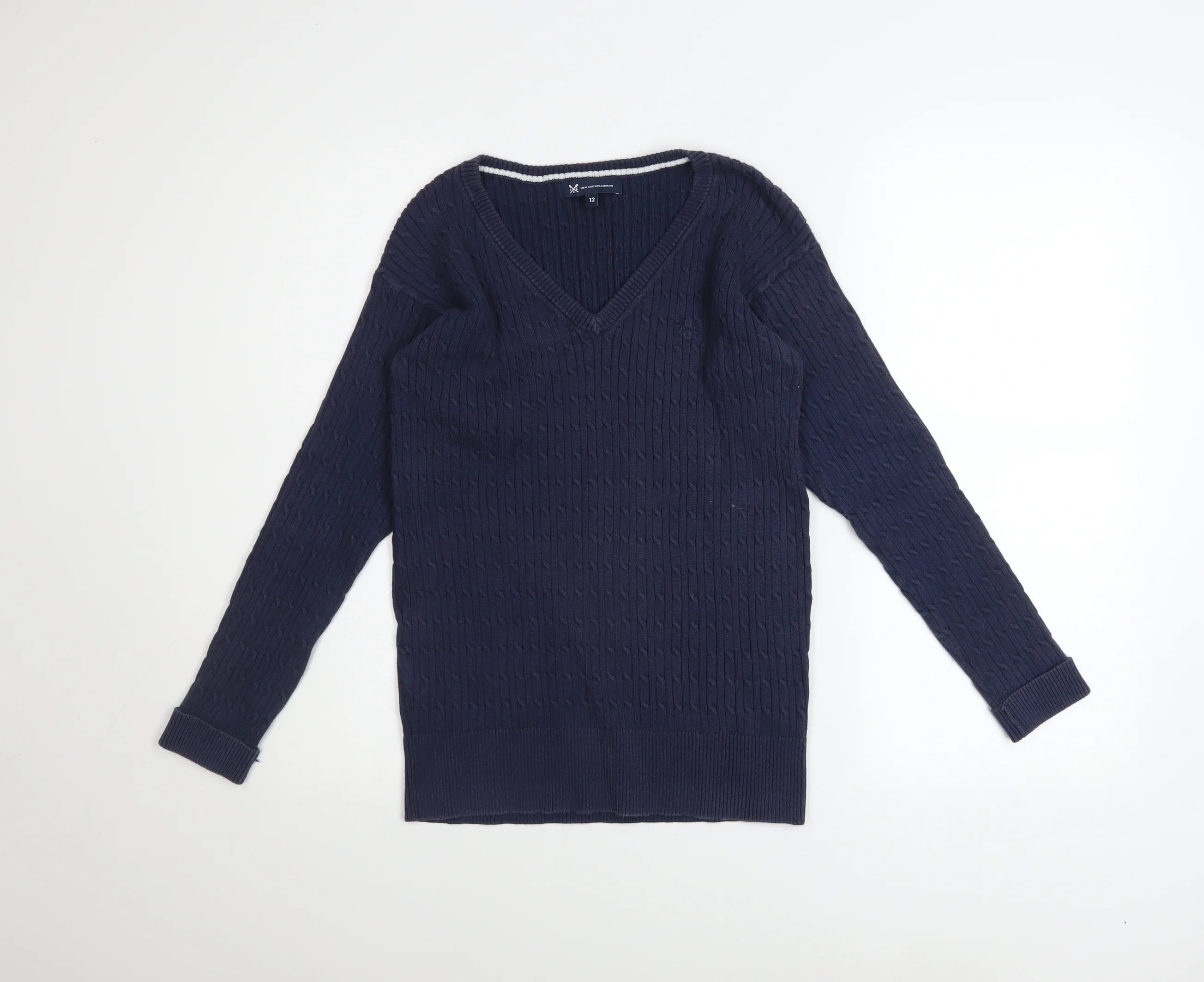 Crew Clothing Company Women's Blue Cotton V-Neck Cable Knit Jumper Size 12