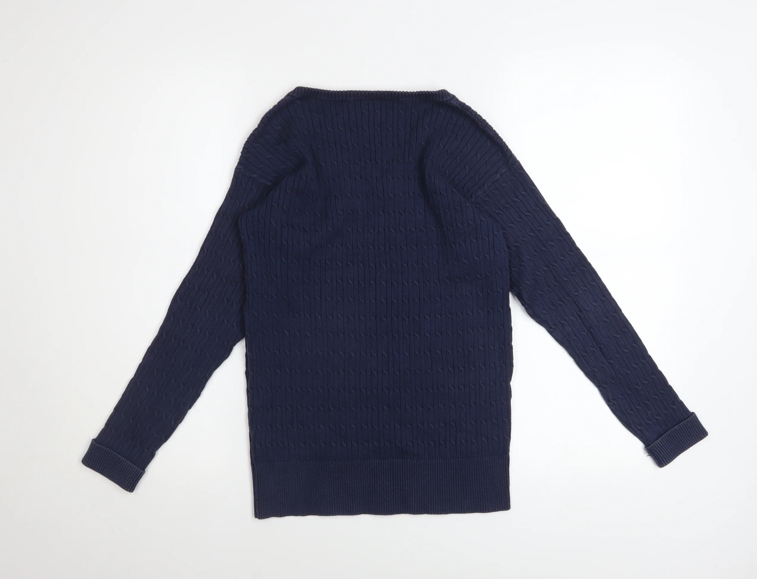 Crew Clothing Company Women's Blue Cotton V-Neck Cable Knit Jumper Size 12 - Image 3
