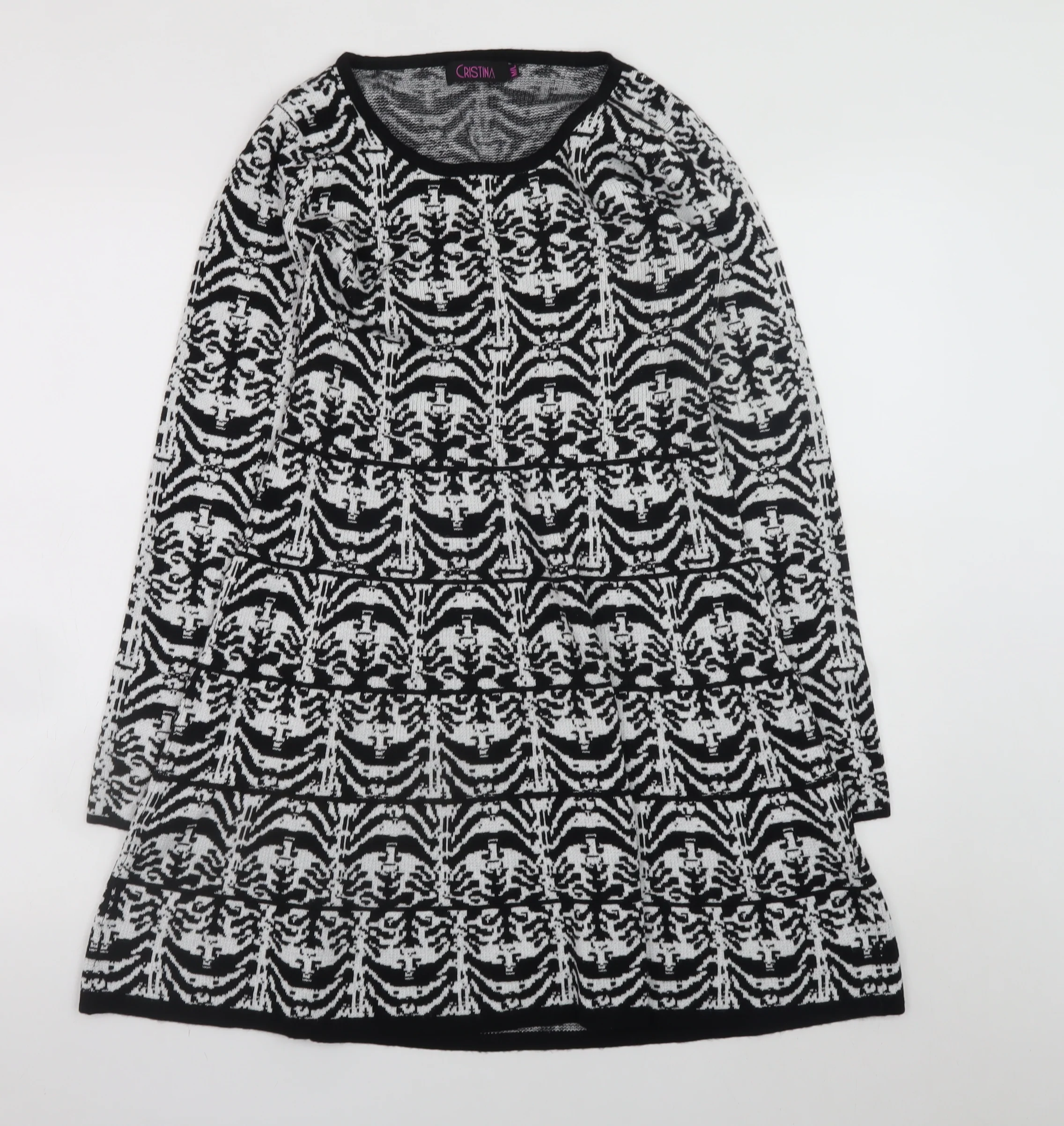Cristina Women Black Geometric Knit A-Line Dress M Long Sleeve