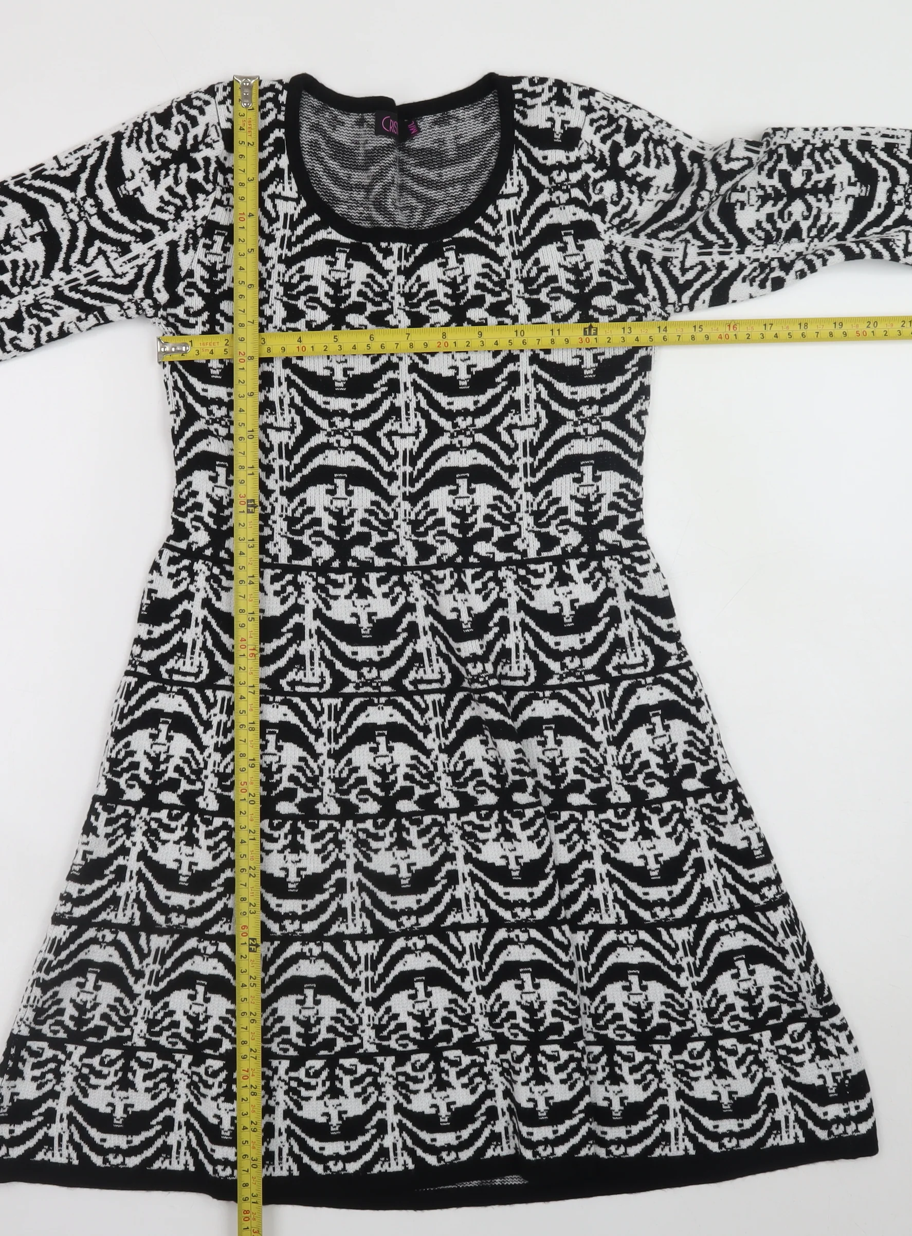 Cristina Women Black Geometric Knit A-Line Dress M Long Sleeve - Image 2