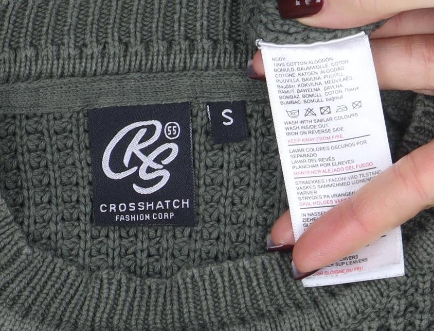 Crosshatch Mens Green Cotton Crew Neck Chunky Knit Jumper Size S - Image 4