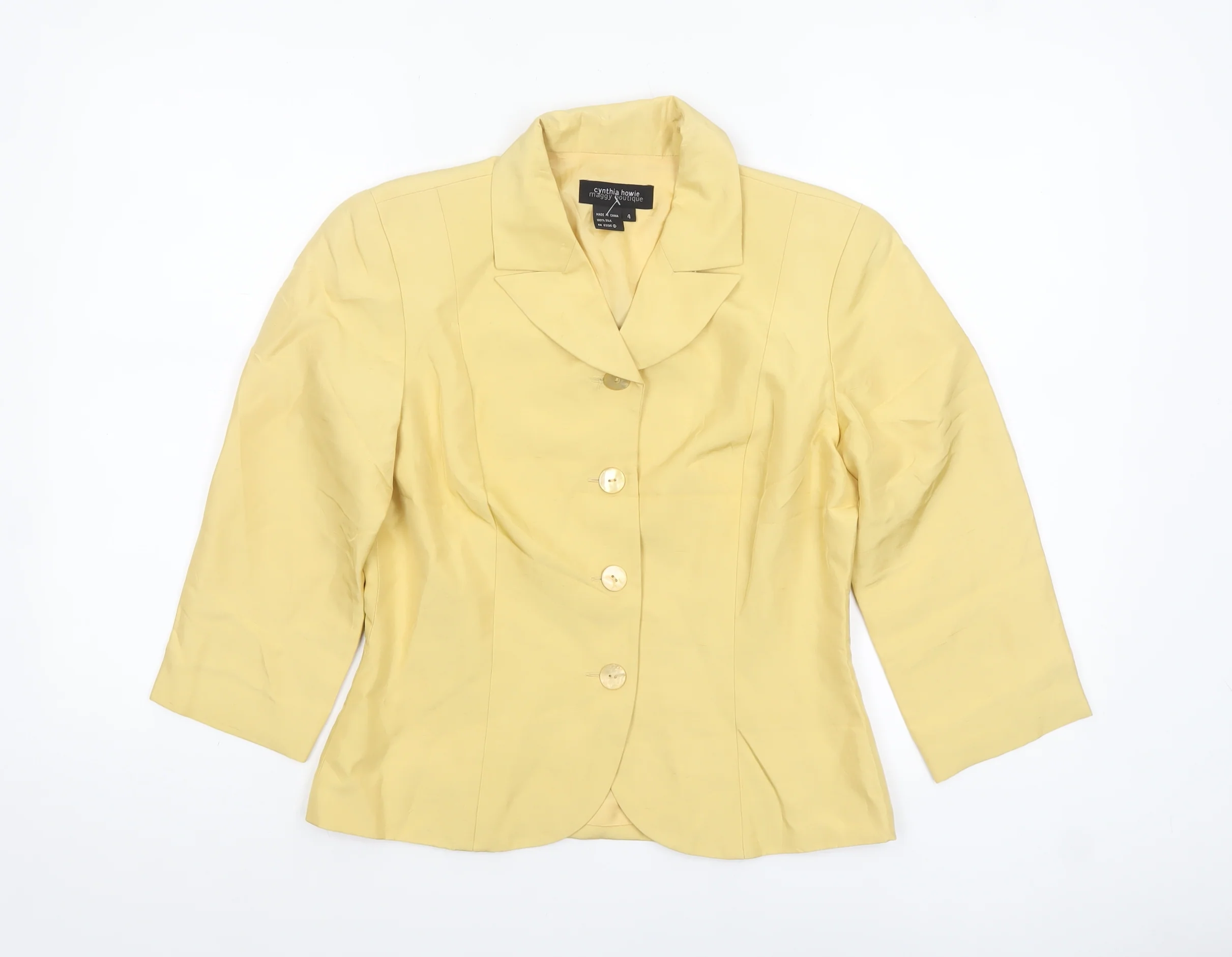 Cynthia Howie Women's Yellow Silk 3/4 Sleeve Single-Breasted Blazer Size 8