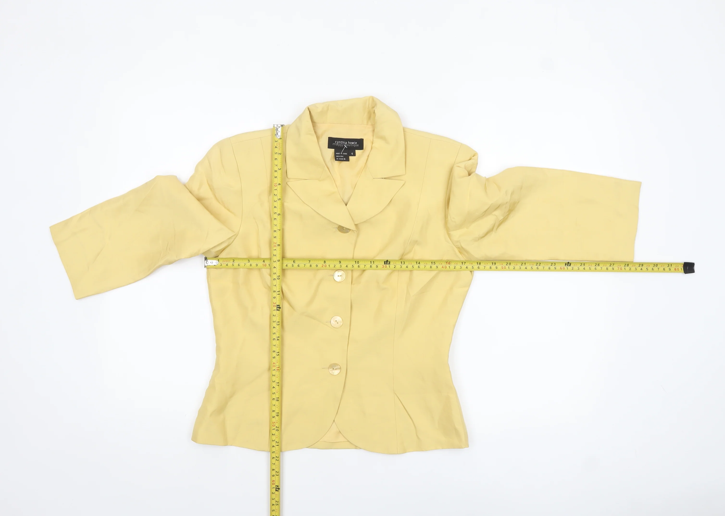 Cynthia Howie Women's Yellow Silk 3/4 Sleeve Single-Breasted Blazer Size 8 - Image 2
