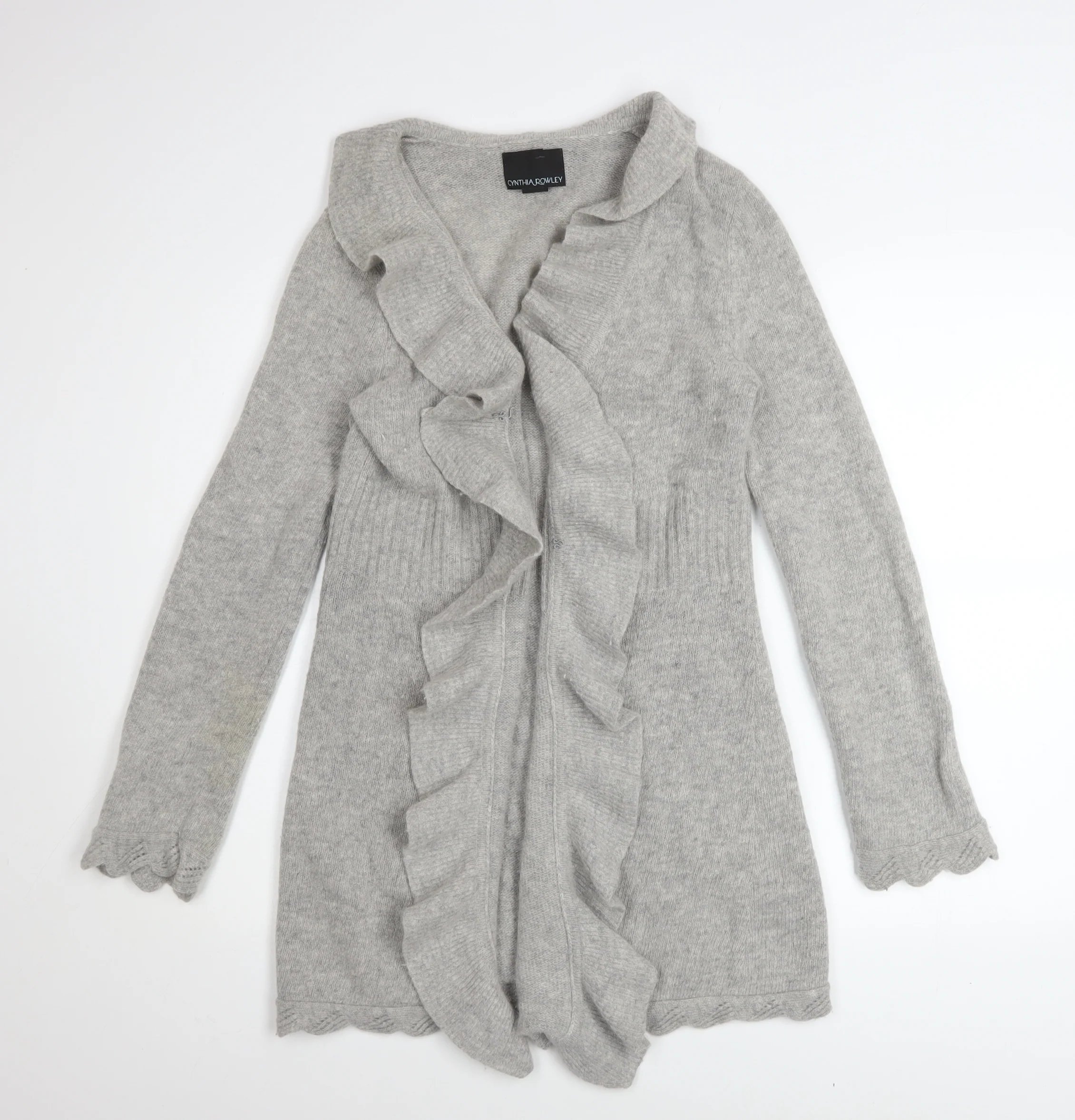 Cynthia Rowley Women Grey Wool Angora Ruffle Cardigan M
