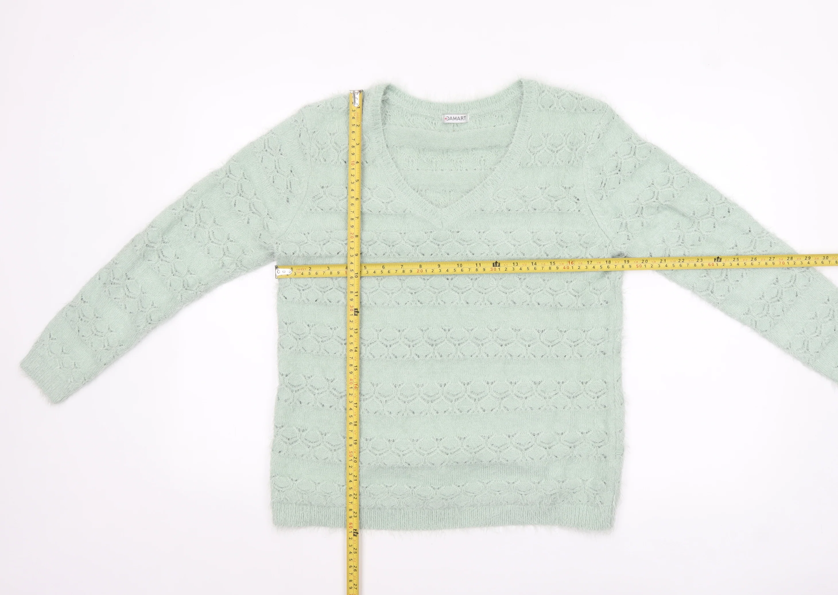 Damart Women Green V-Neck Knit Jumper Size 14 Long Sleeve Pullover - Image 2