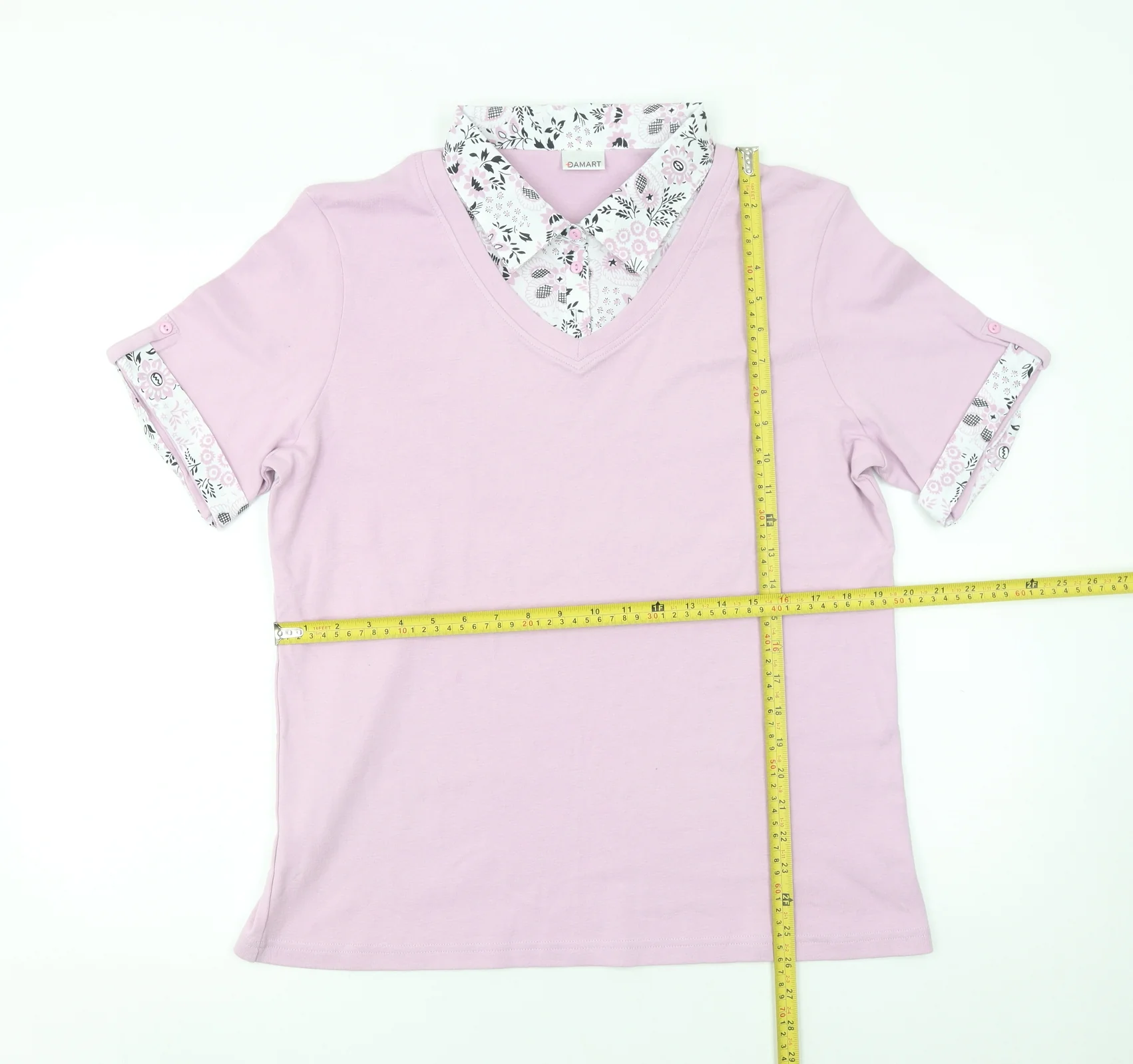 Damart Women Pink Floral Collar V-Neck Cotton T-Shirt Size L - Image 2