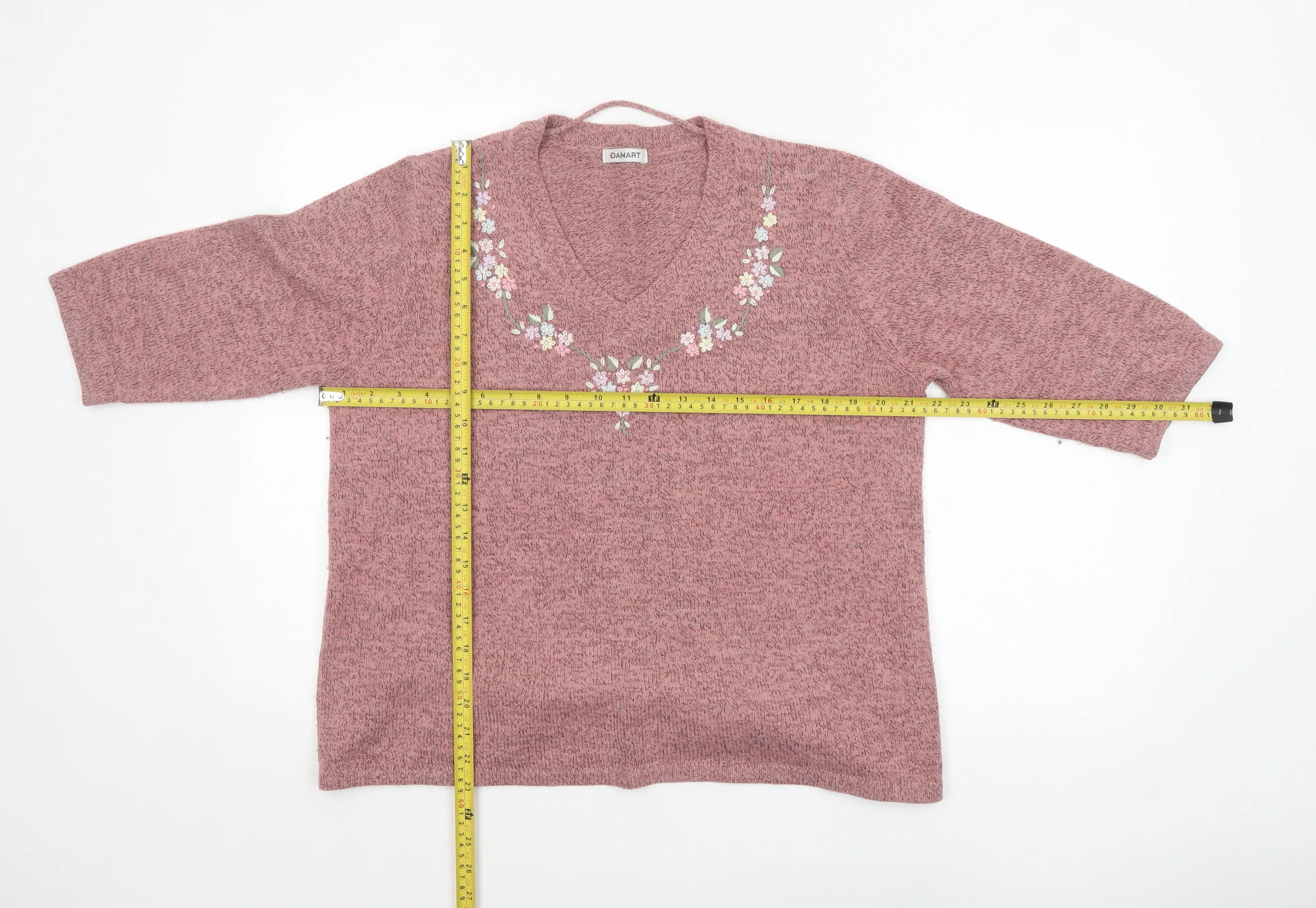 Damart Women Pink Medium 14/16 Embroidered V-Neck 3/4 Sleeve Jumper - Image 2