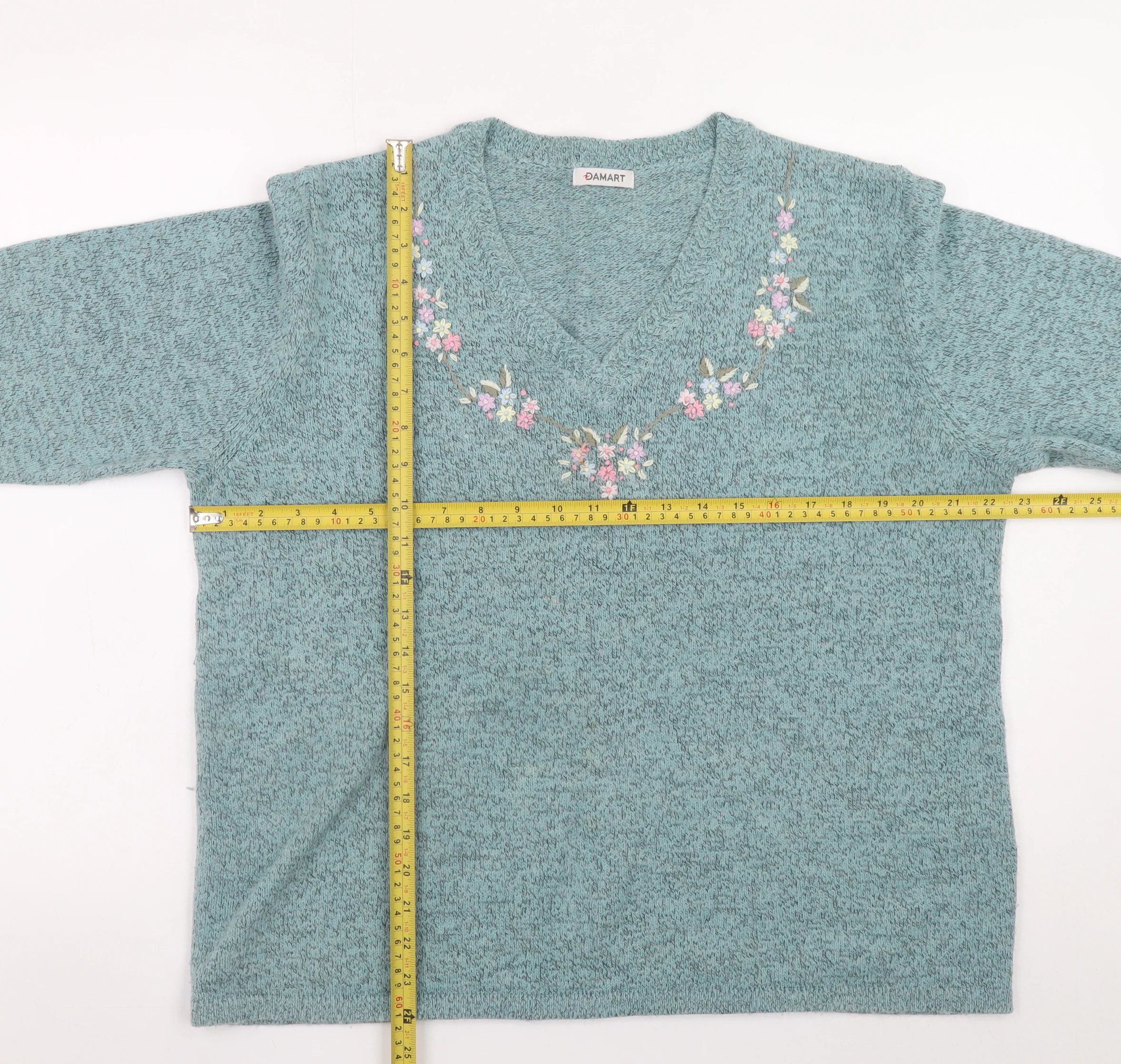 Damart Womens Green Embroidered V-Neck 3/4 Sleeve Jumper L 18/20 - Image 2