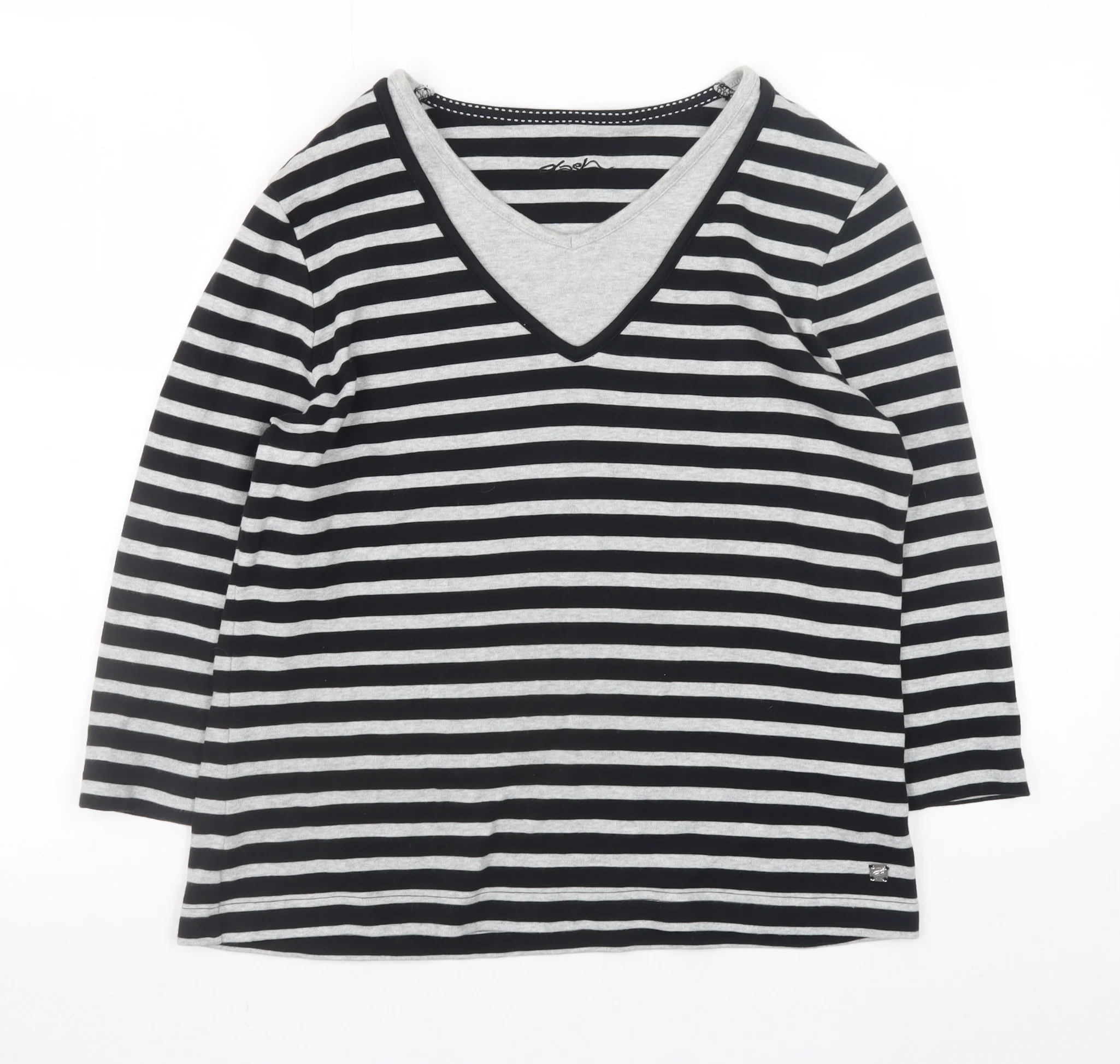 Dash Womens Black Striped 3/4 Sleeve V-Neck Cotton T-Shirt Size 14