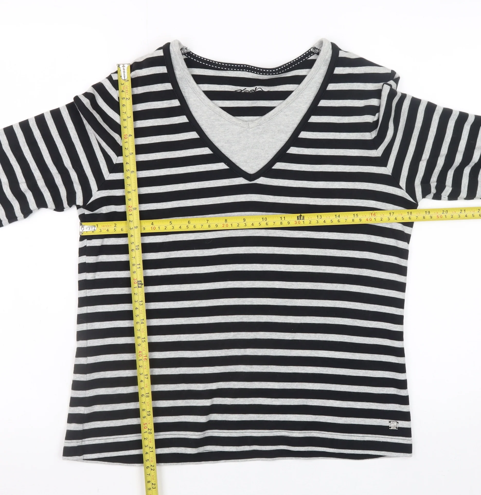 Dash Womens Black Striped 3/4 Sleeve V-Neck Cotton T-Shirt Size 14 - Image 2