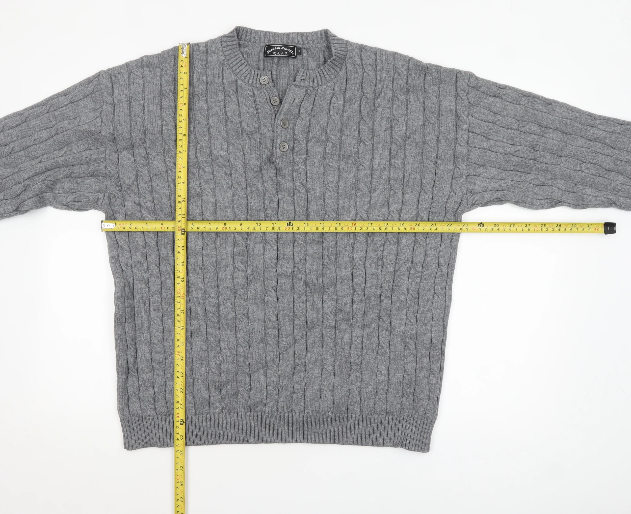 David & Me Him & Lilly Men's Grey Cable-Knit Henley Wool Jumper L - Image 2