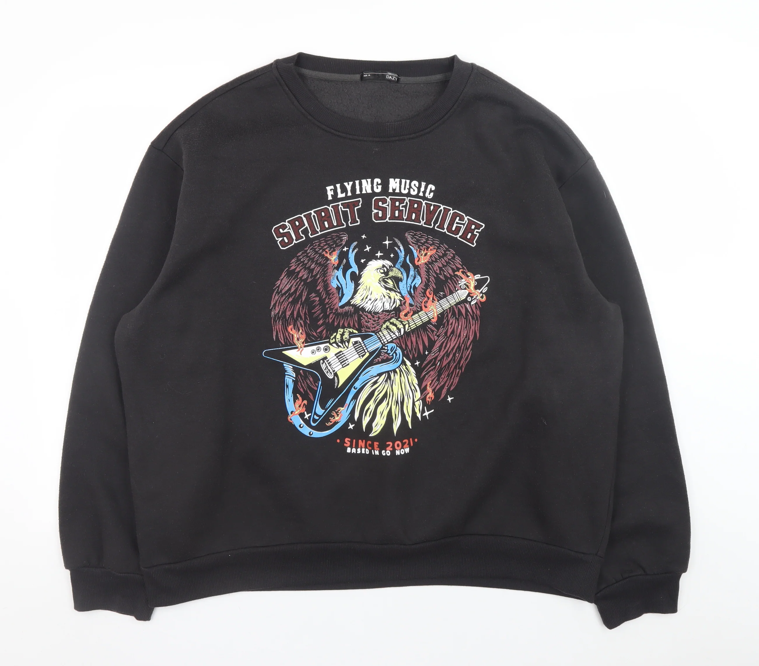 DAZY Men's Black Graphic Rock Eagle Crew Neck Sweatshirt XL