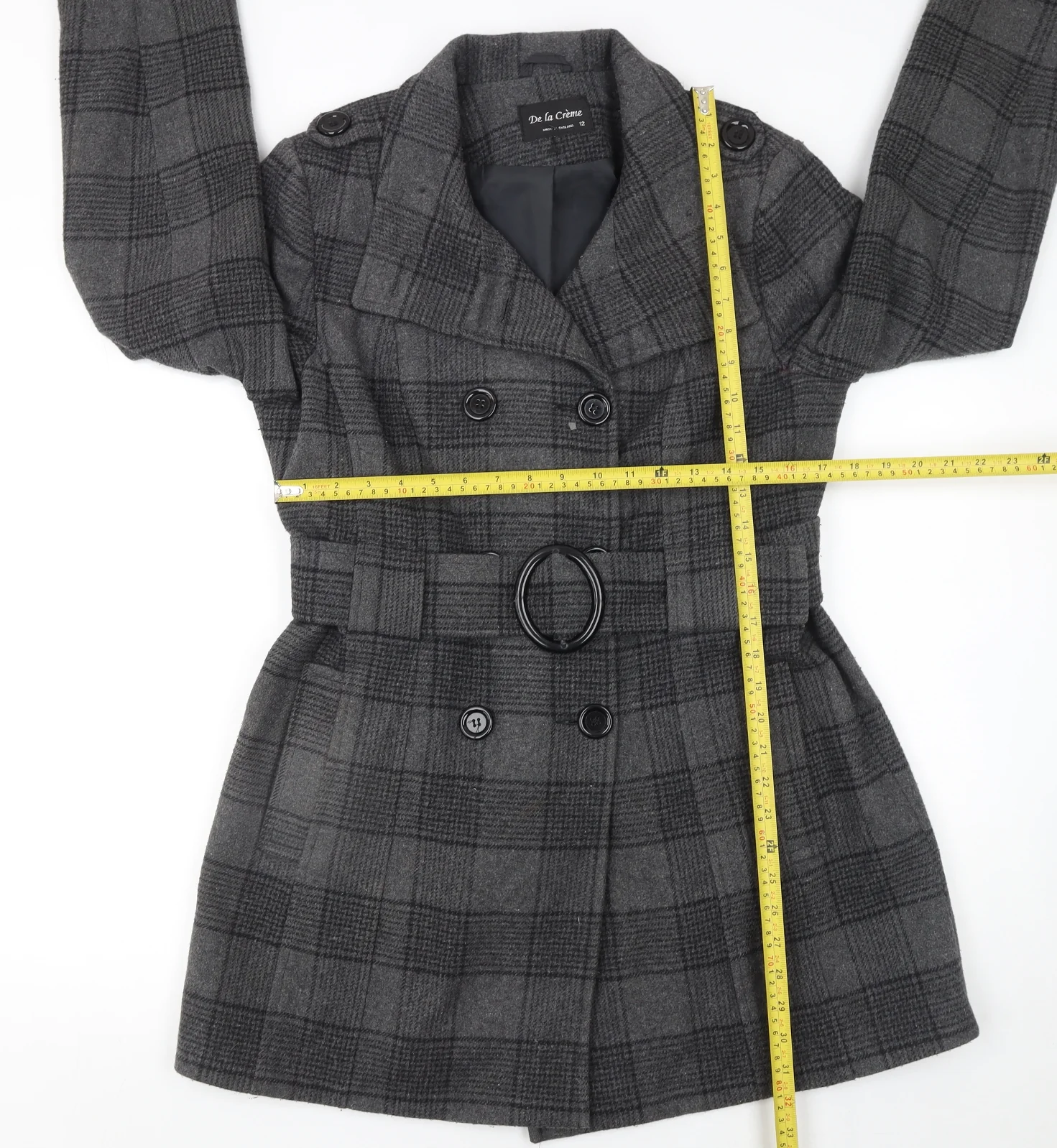 De la Crème Women's Grey Checked Wool Trench Coat Size 12 - Image 2