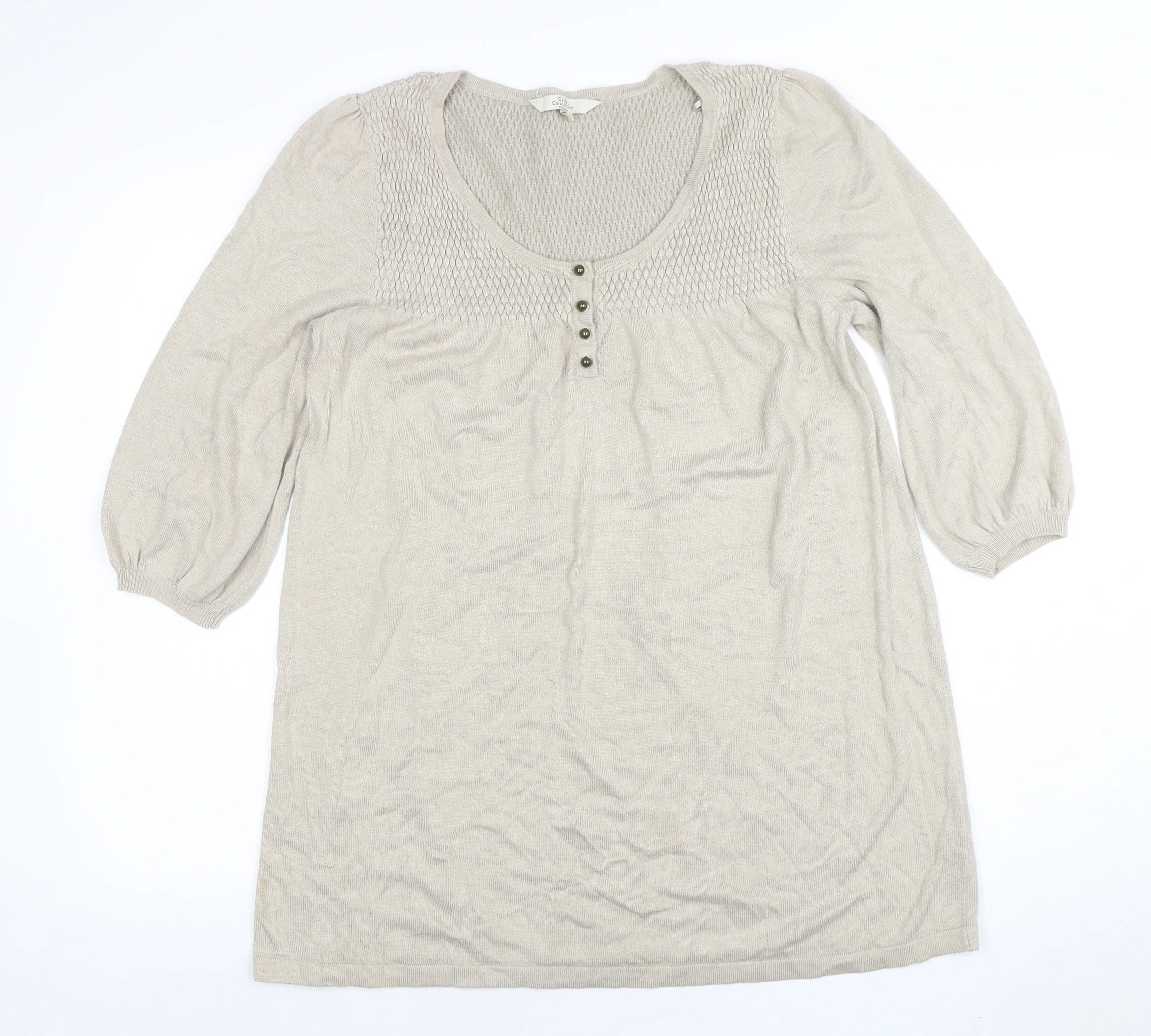 Debenhams Women Beige Knit Tunic Dress Size 16 Scoop Neck 3/4 Sleeve