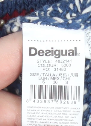 Desigual Women's Blue Fair Isle Cotton Jumper Size 8 Crew Neck Knit - Image 4