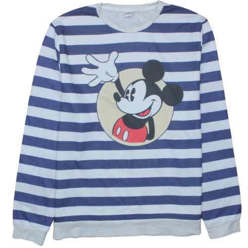 Disney Womens Blue White Striped Mickey Mouse Pullover Sweatshirt L