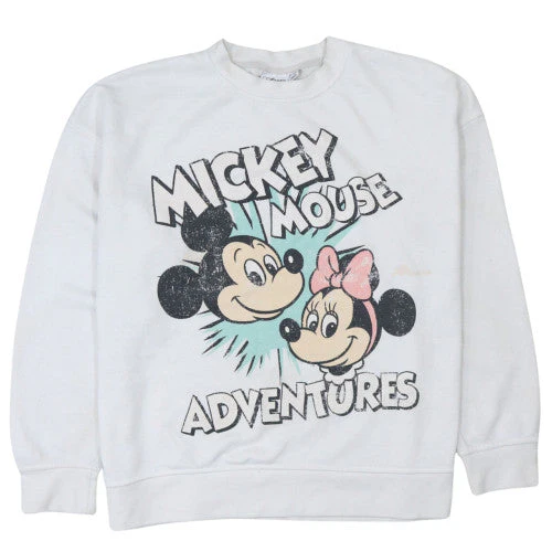 Disney Women's White Mickey & Minnie Crew Neck Pullover Sweatshirt L