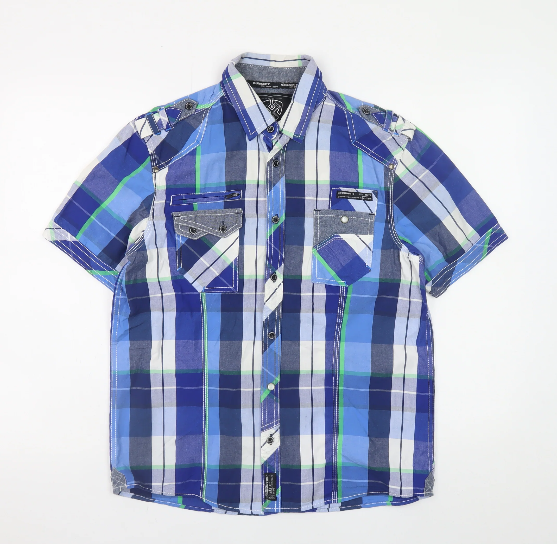 Dissident Men's Blue Checked Short Sleeve Cotton Casual Shirt Size M
