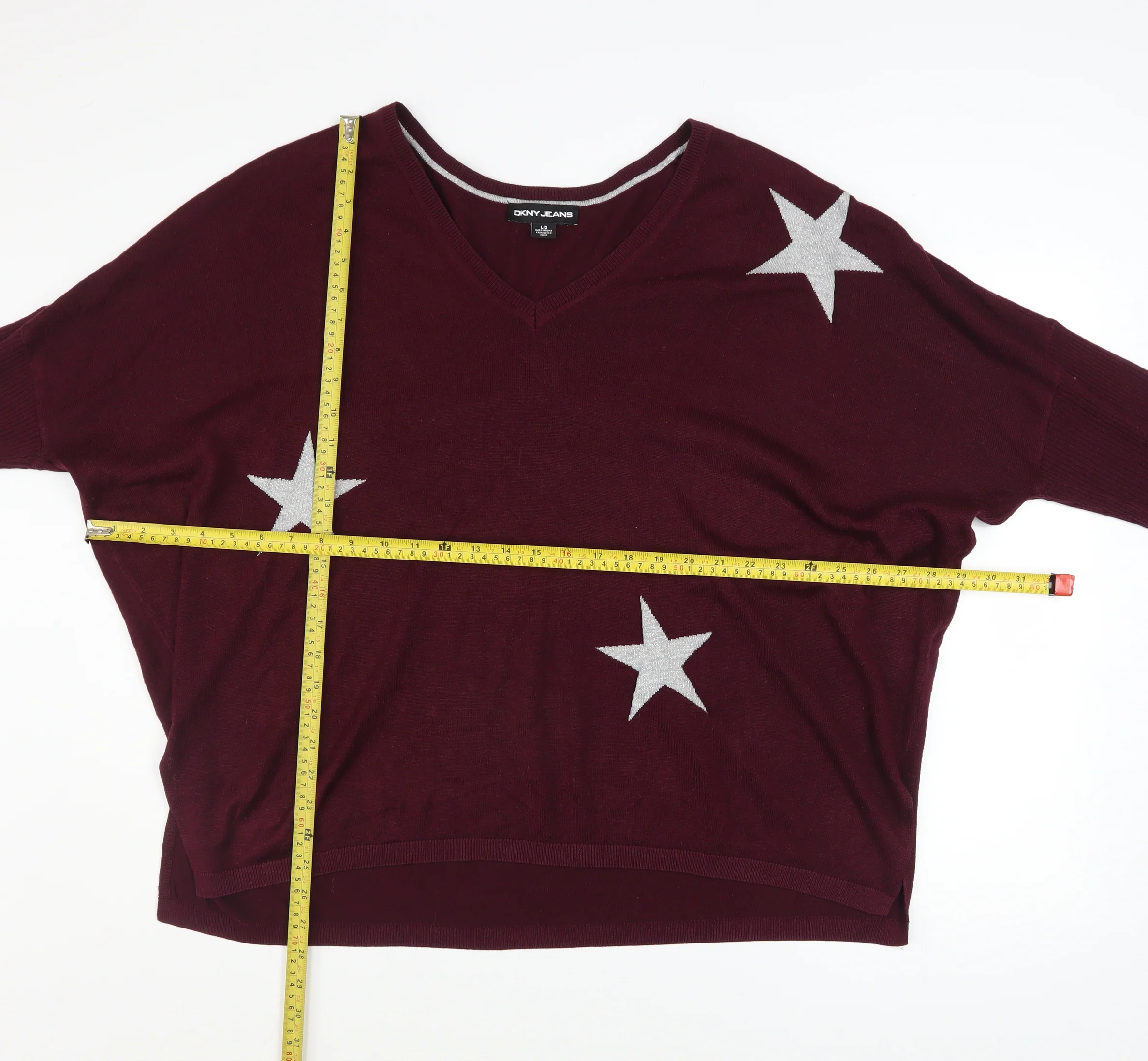 DKNY Jeans Womens Red Star Pattern V-Neck Relaxed Knit Jumper Size L - Image 2
