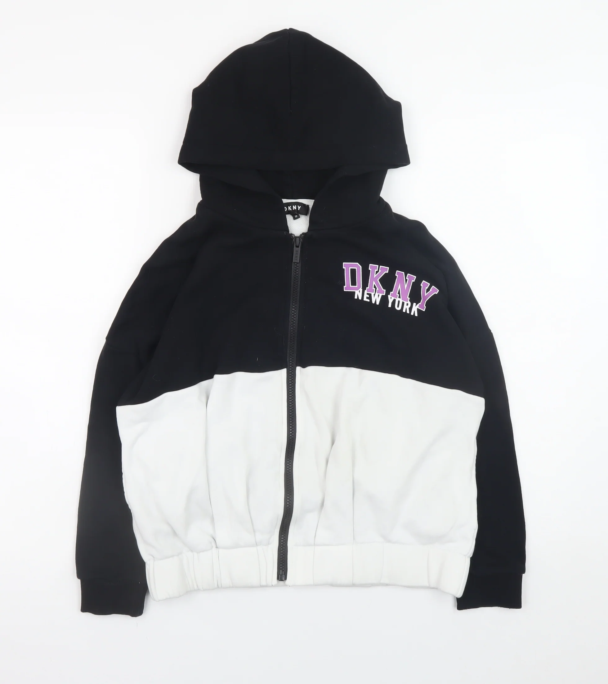 DKNY Women Black White Full Zip Hoodie Size 10 Graphic Print