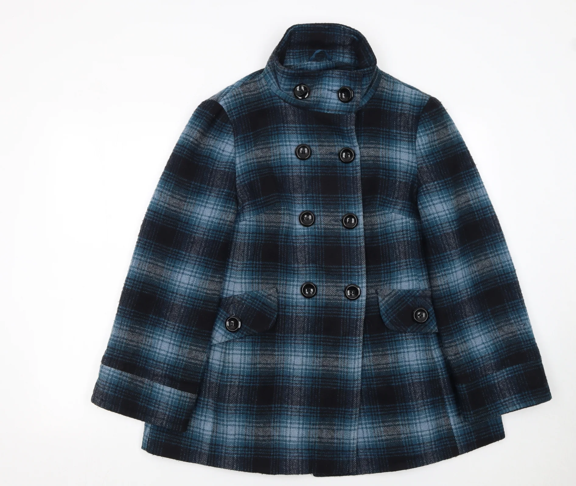 Dorothy Perkins Women Blue Check Wool Blend Pea Coat Size 10