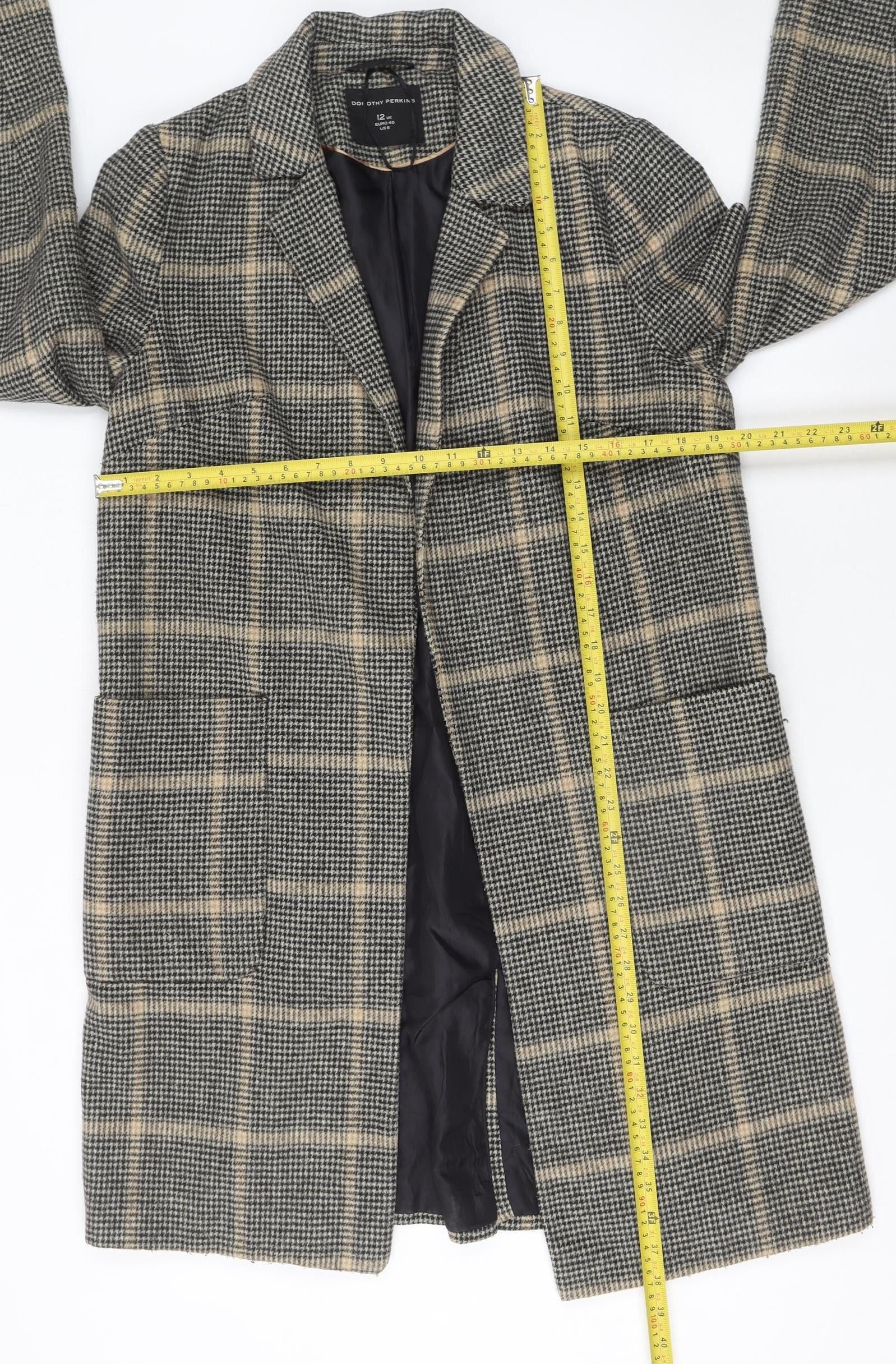 Dorothy Perkins Women’s Beige Check Wool Blend Long Coat Size 12 - Image 2