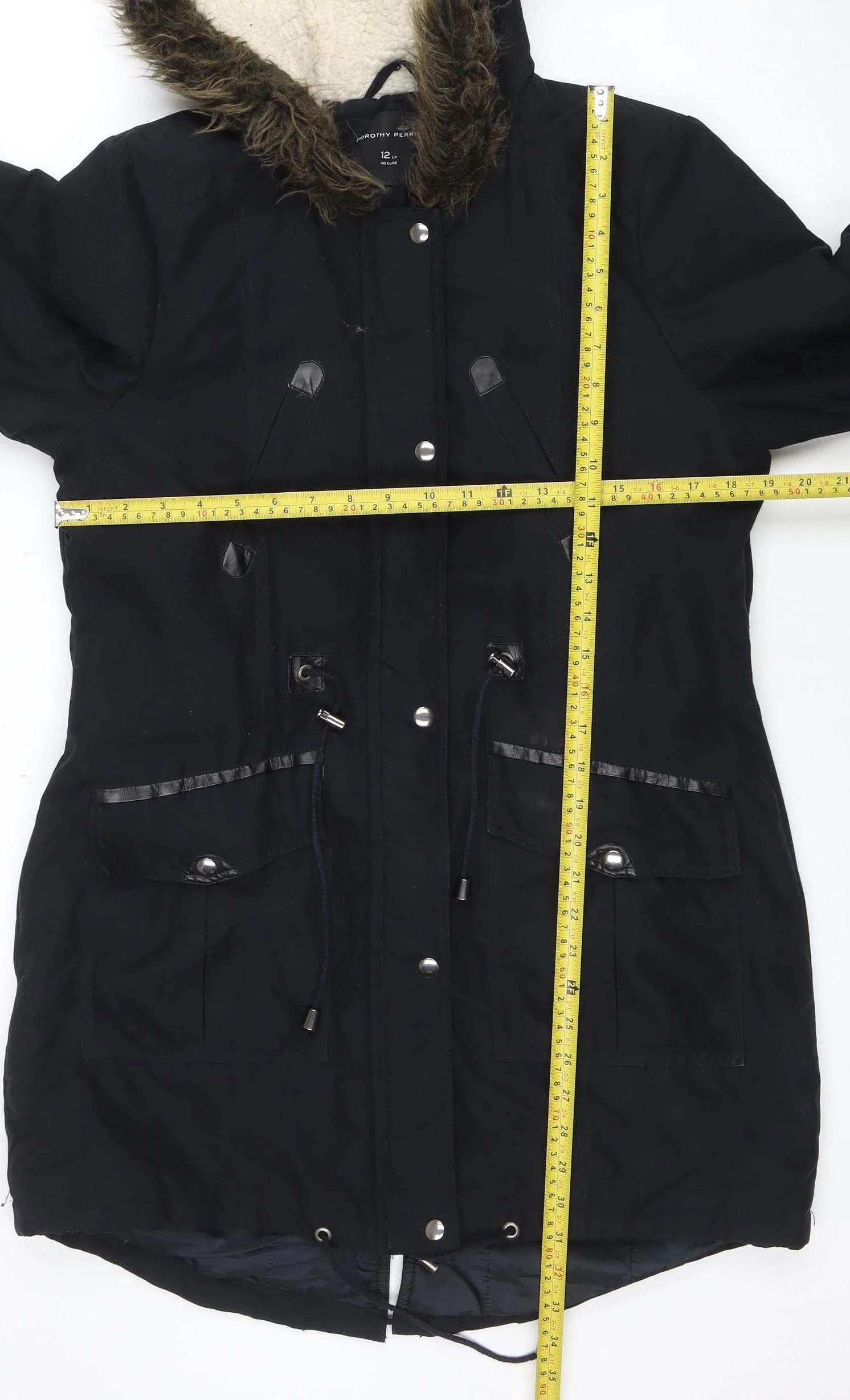 Dorothy Perkins Women’s Black Faux Fur Hooded Parka Coat Size 12 - Image 2
