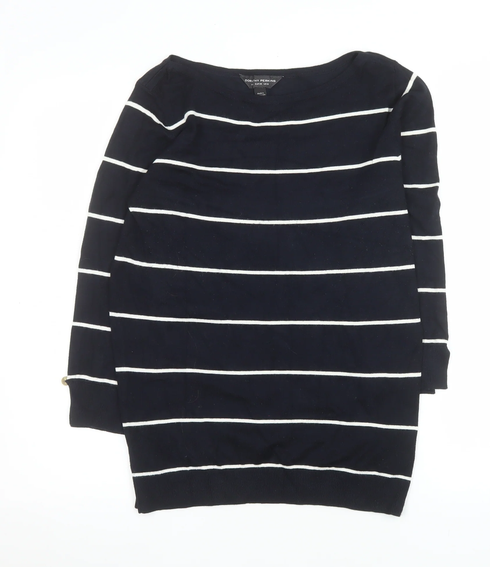 Dorothy Perkins Women’s Blue Striped 3/4 Sleeve Boat Neck Knit Top Size 10