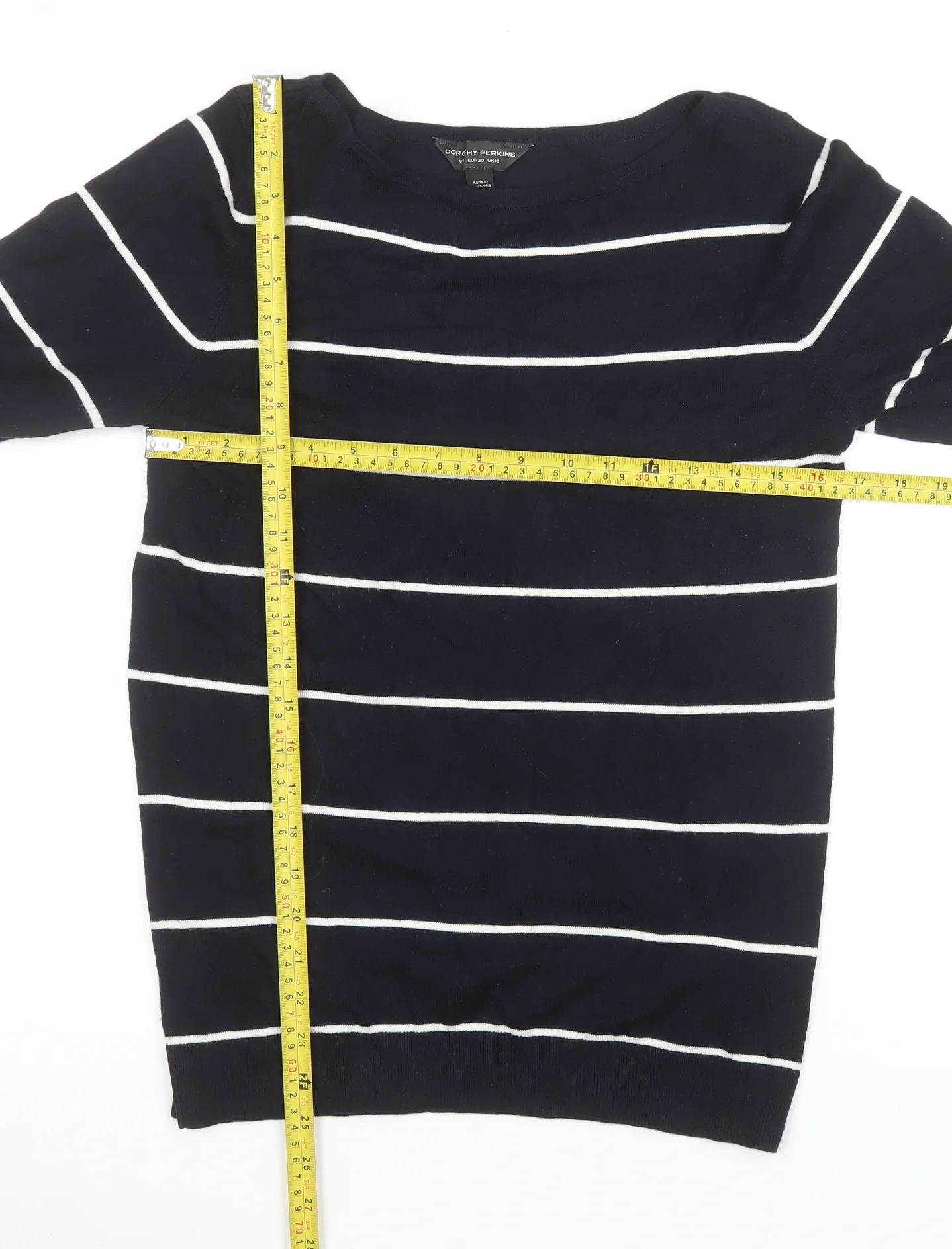Dorothy Perkins Women’s Blue Striped 3/4 Sleeve Boat Neck Knit Top Size 10 - Image 2