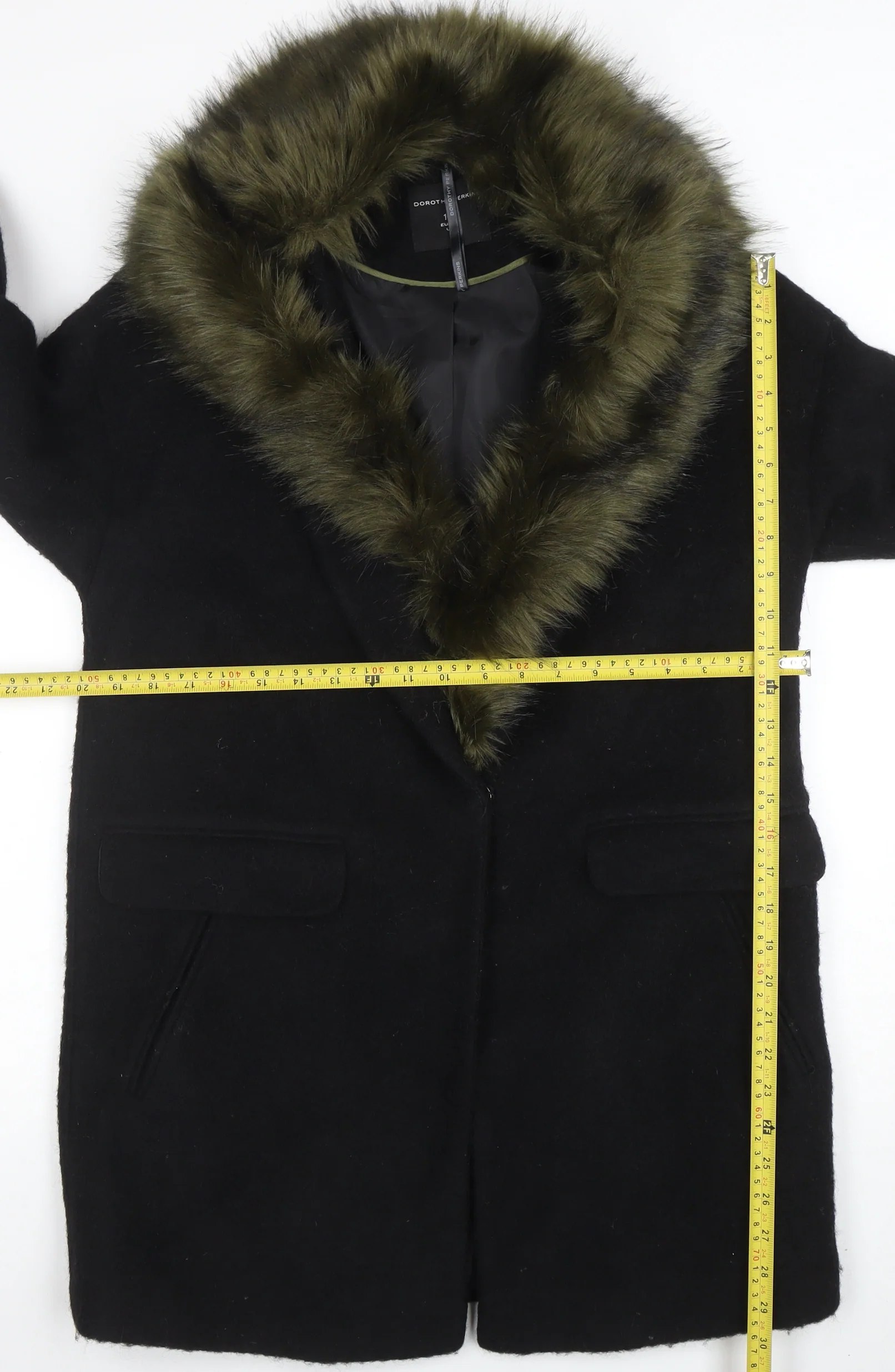 Dorothy Perkins Women's Black Faux Fur Trim Wool Blend Mid-Length Coat Size 10 - Image 2