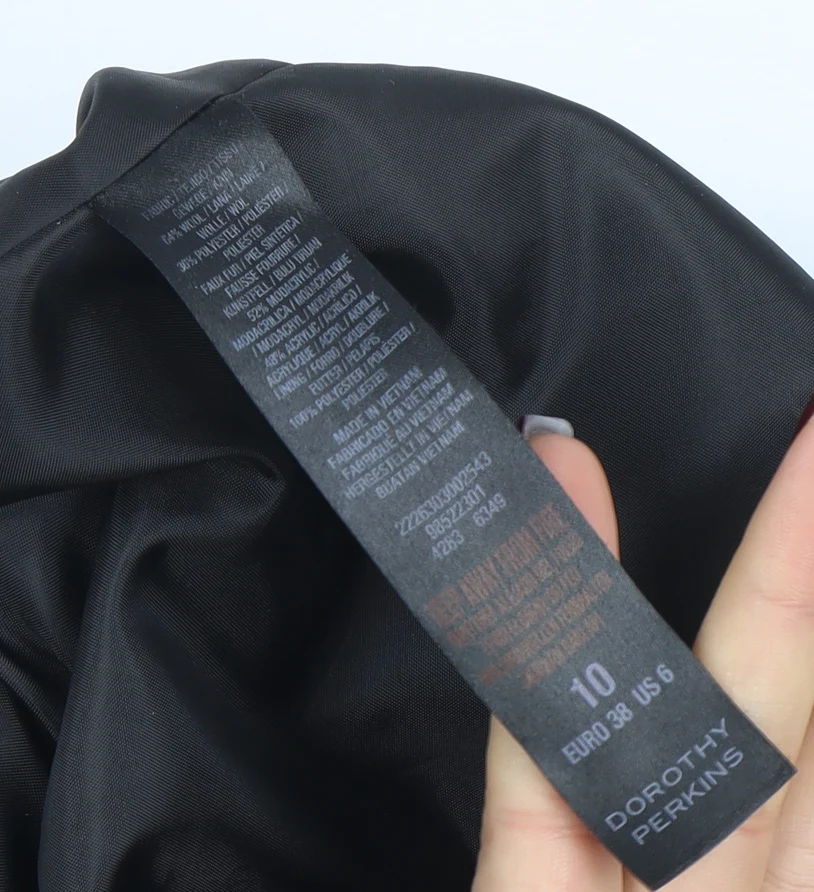 Dorothy Perkins Women's Black Faux Fur Trim Wool Blend Mid-Length Coat Size 10 - Image 4