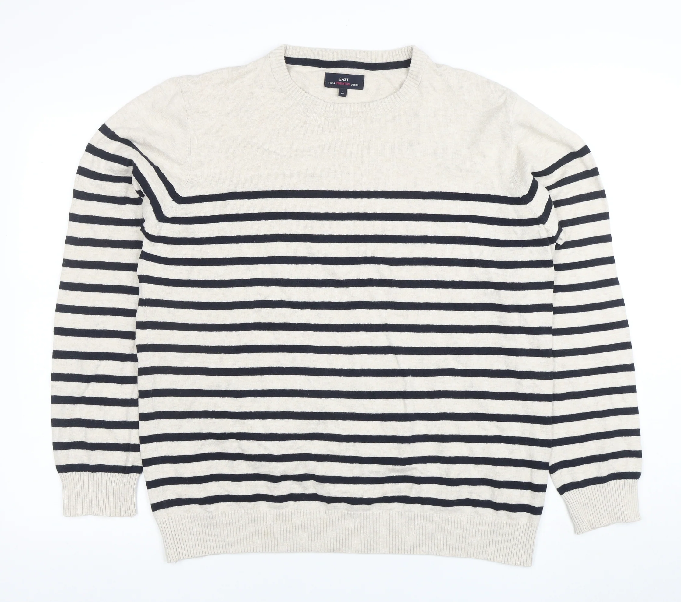 EASY Men’s Beige Striped Cotton Crew Neck Pullover Jumper L