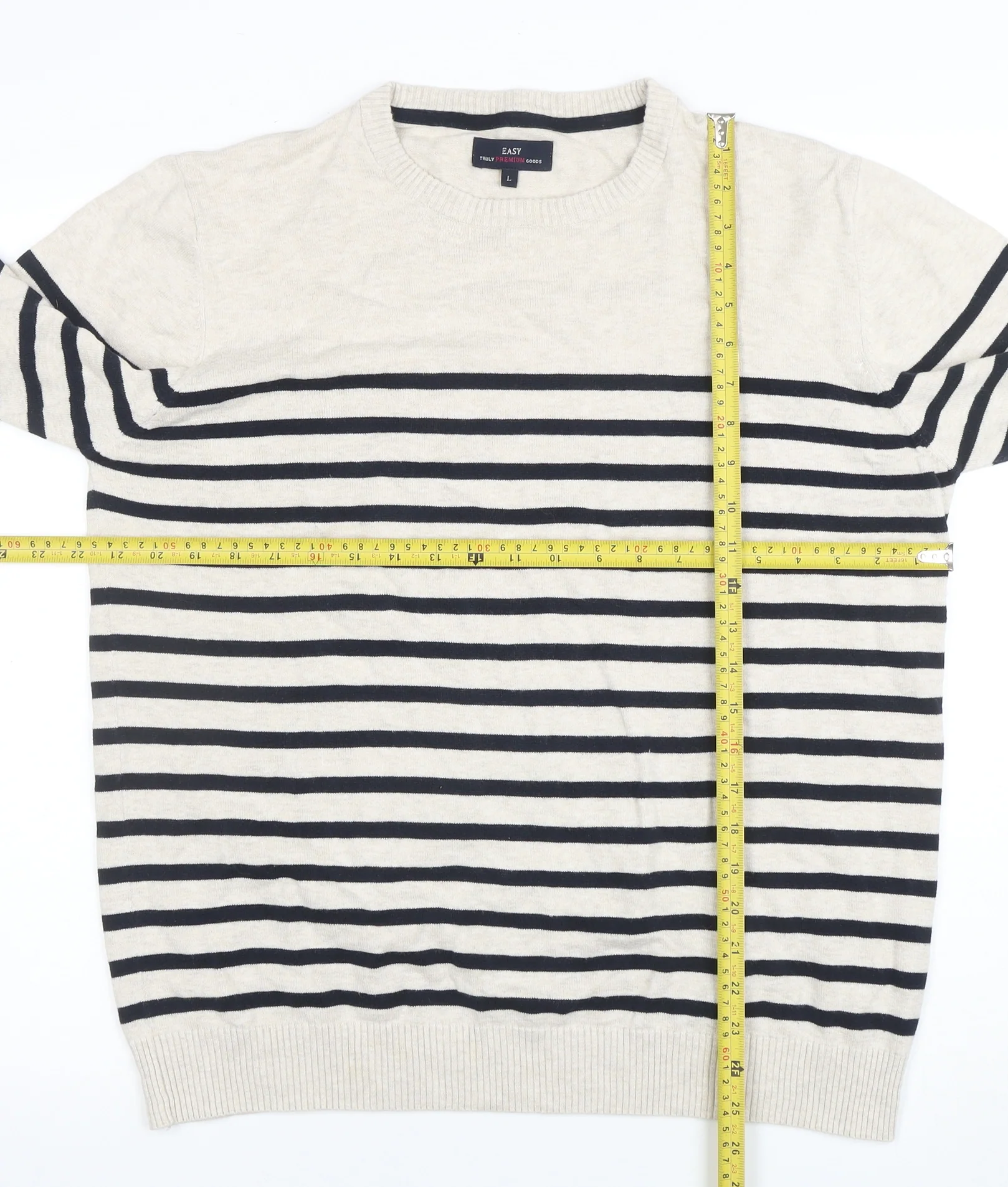 EASY Men’s Beige Striped Cotton Crew Neck Pullover Jumper L - Image 2