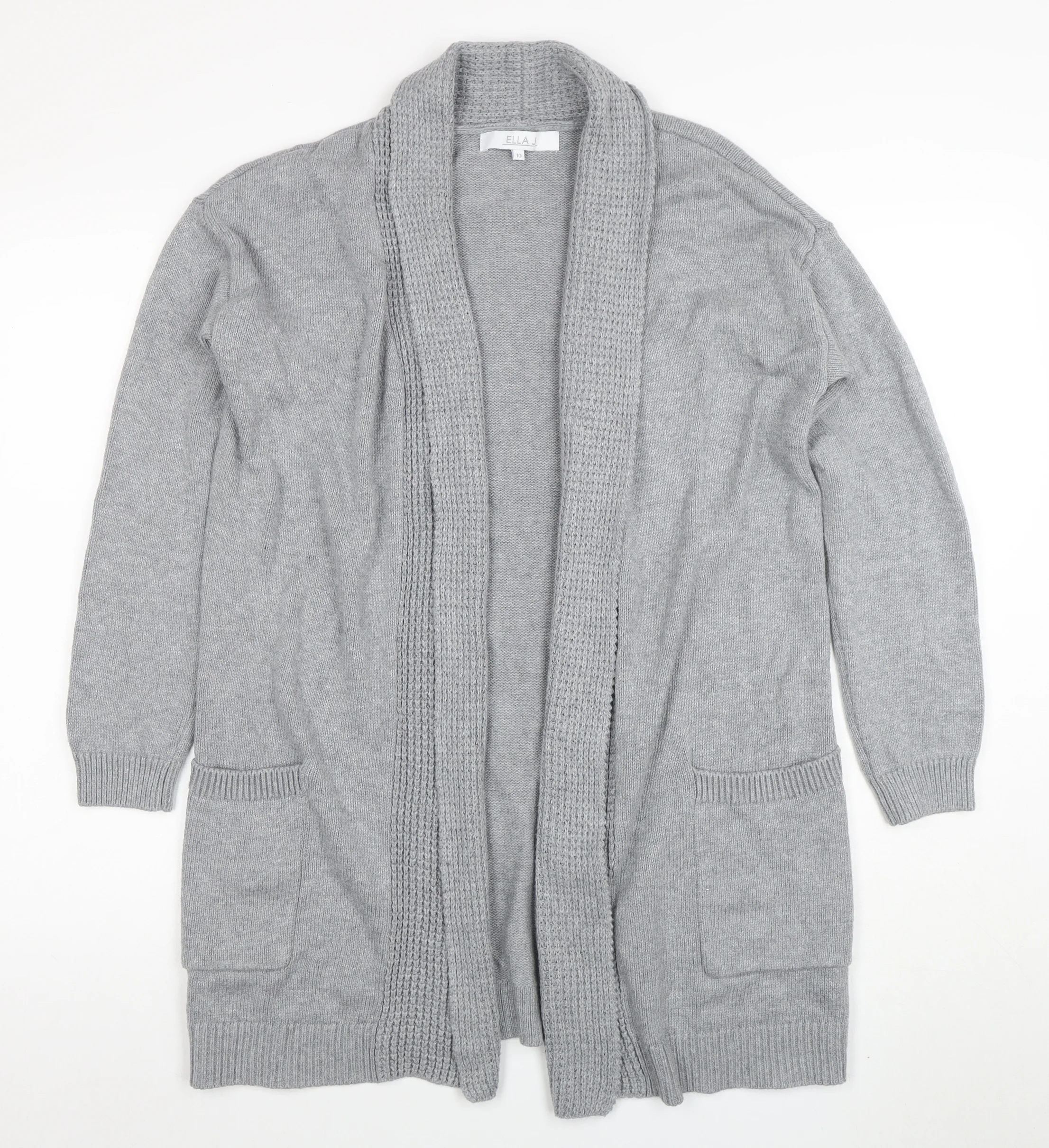 Ella J Women Grey Long Sleeve Open Cardigan UK 10 Cotton Wool Blend