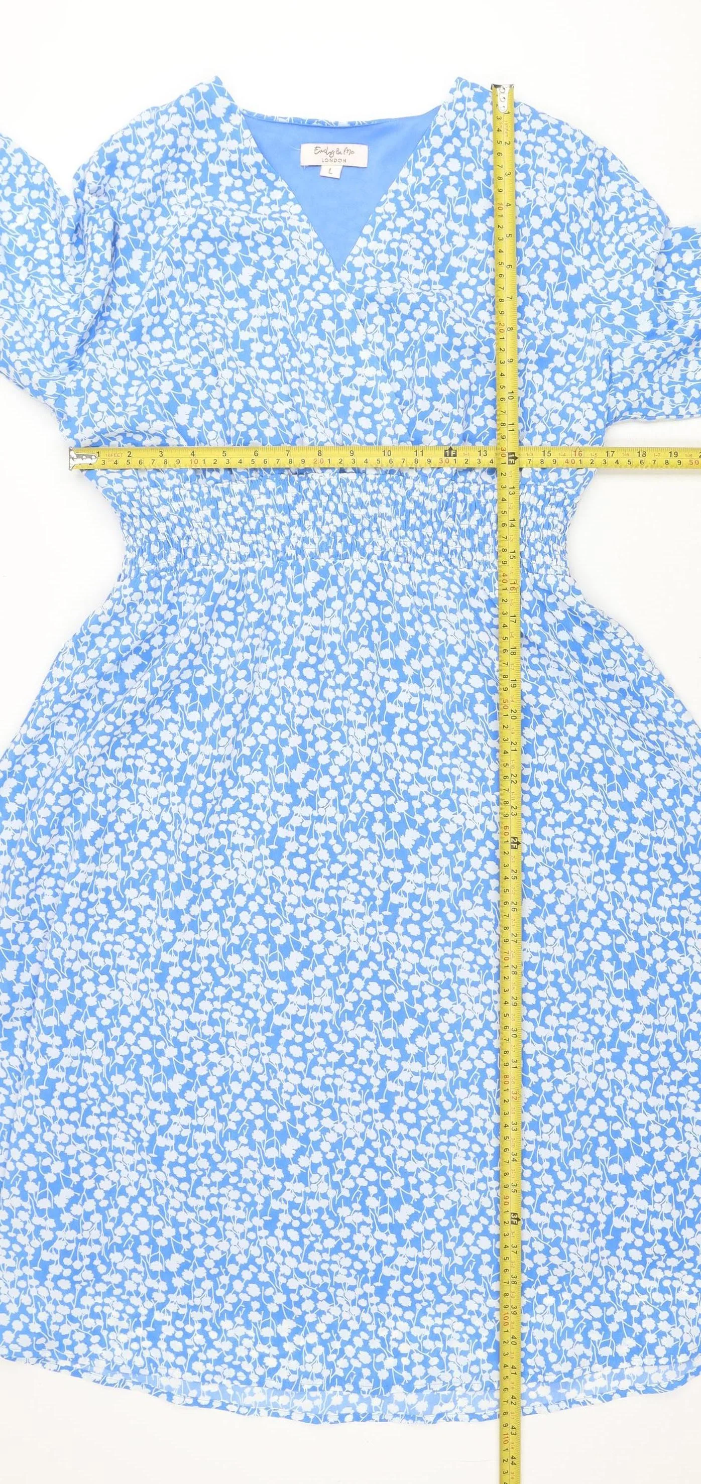 Emily & Me London Blue Floral V-Neck Ruched Wrap Women’s Dress L - Image 2
