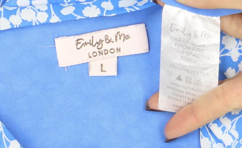 Emily & Me London Blue Floral V-Neck Ruched Wrap Women’s Dress L - Image 4