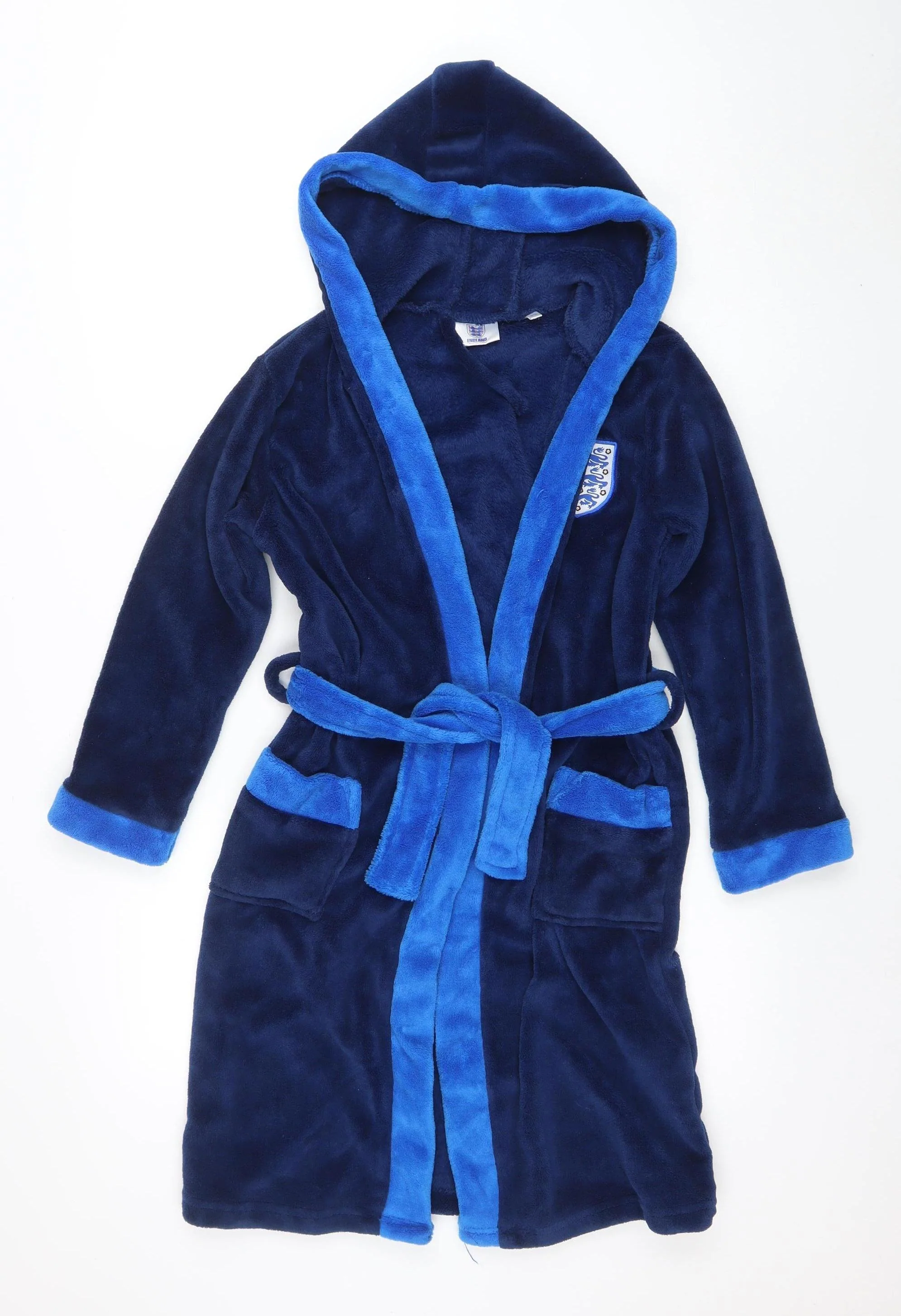 England Boys Blue Fleece Hooded Robe 9-10 Years Belted Winter Nightwear
