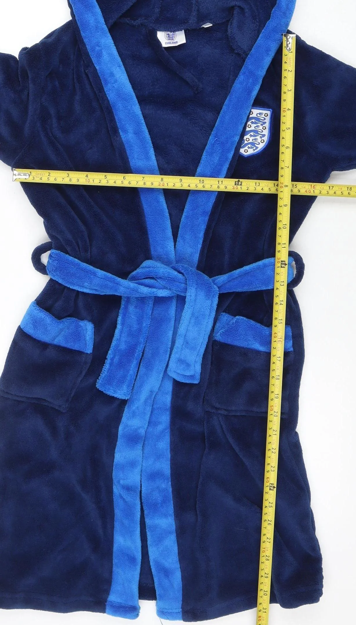 England Boys Blue Fleece Hooded Robe 9-10 Years Belted Winter Nightwear - Image 2